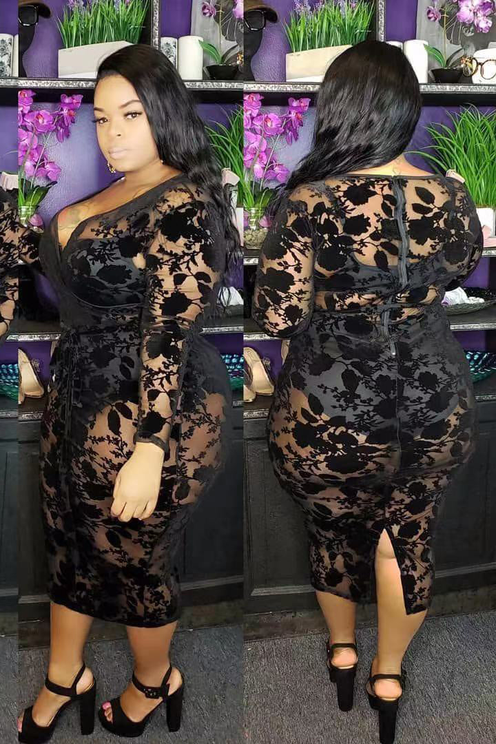 Sexy Plus Size Long Sleeve Lace Cocktail Dress