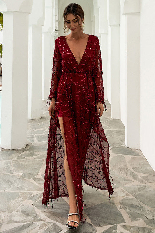 Sexy Burgundy Long Sleeve Plunging Prom Evening Dress