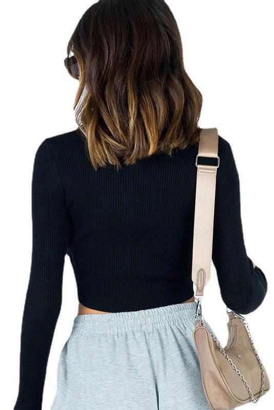 Sexy Grey Long Sleeve Elastic Crop Cut Out Top