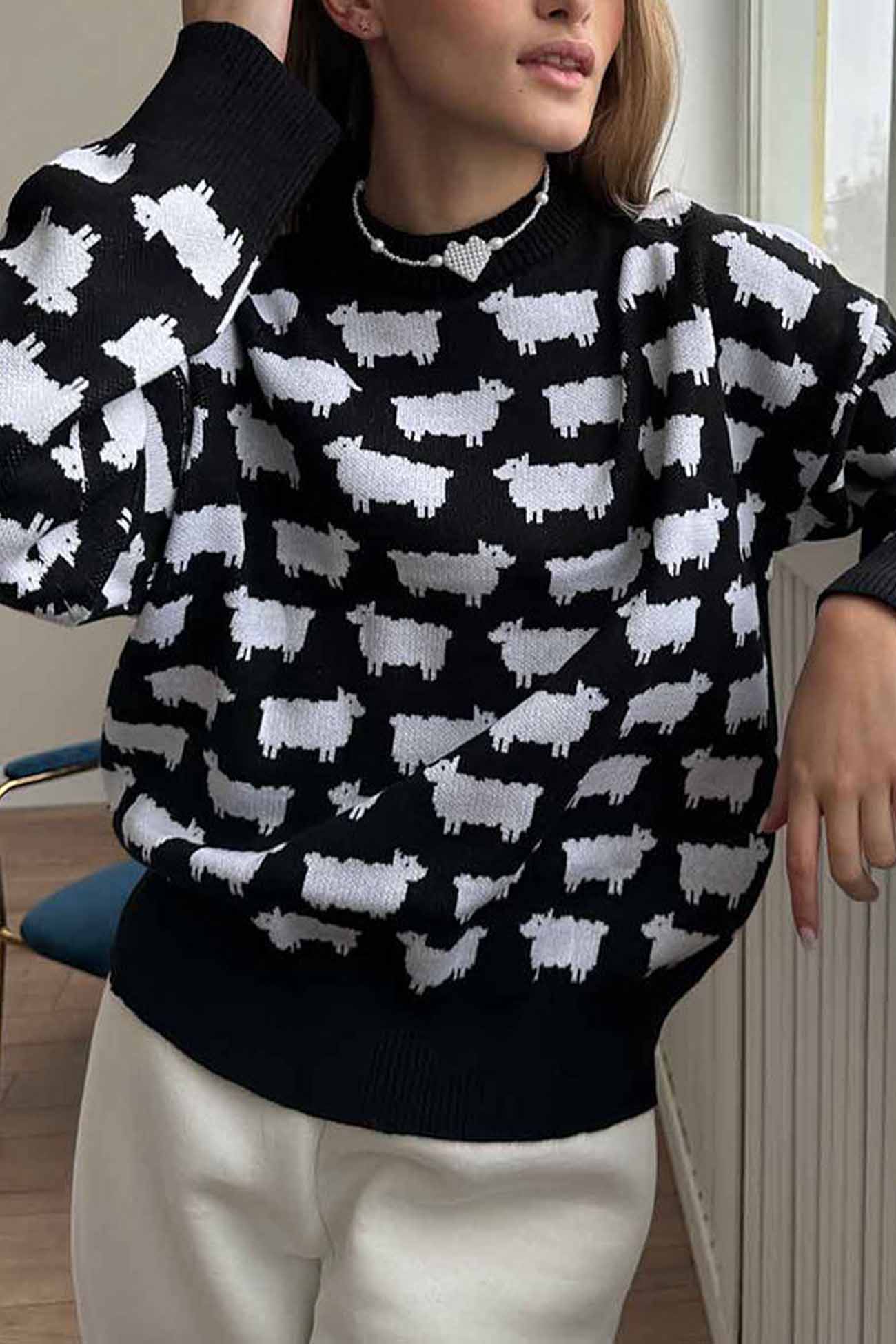 Sheep Crew Neck Long Sleeve Sweater