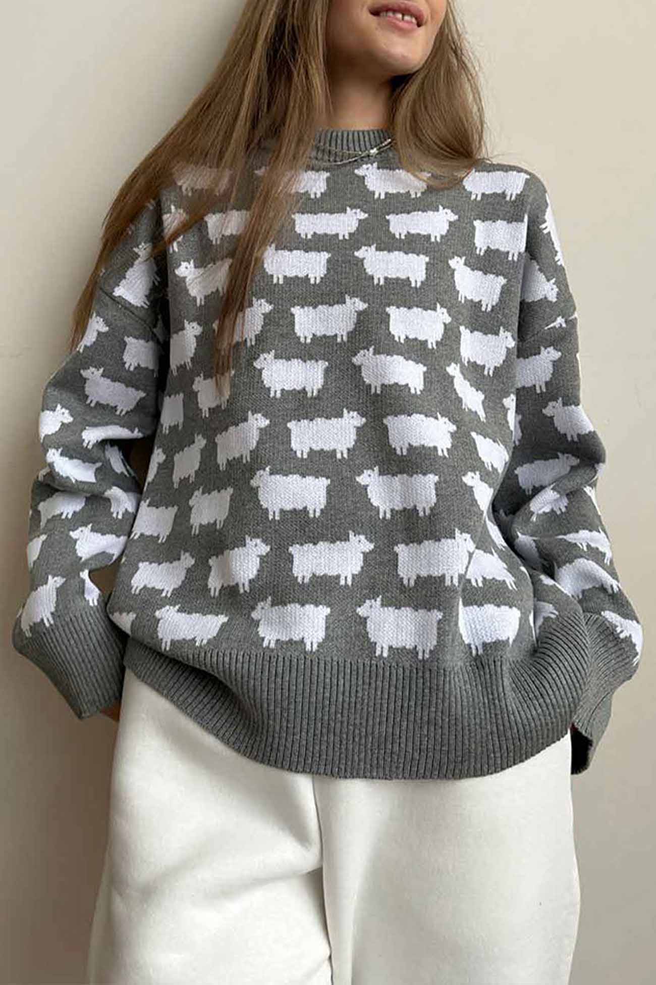 Sheep Crew Neck Long Sleeve Sweater