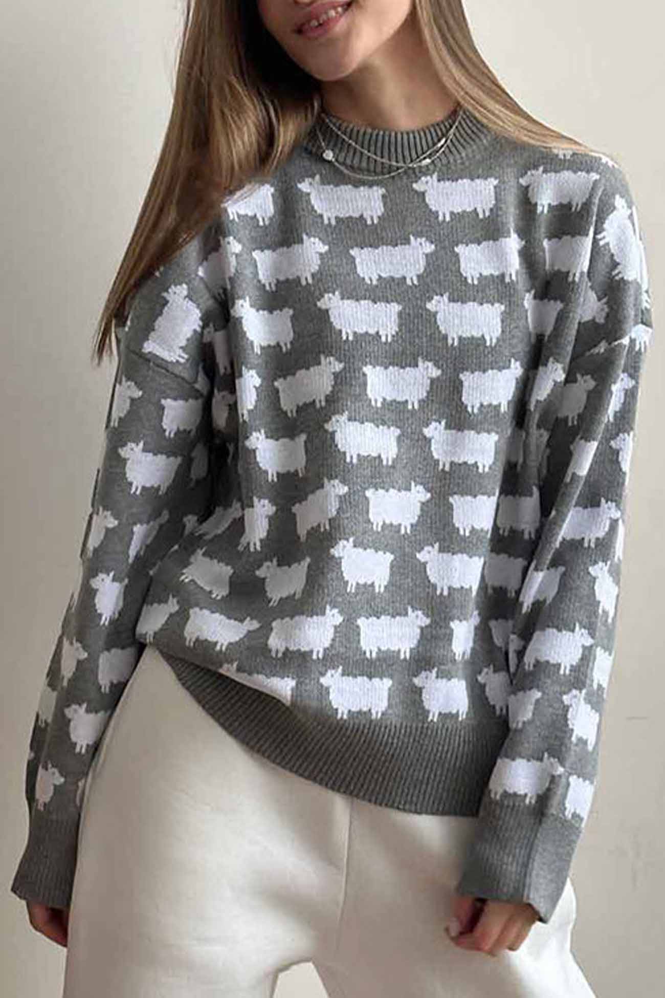 Sheep Crew Neck Long Sleeve Sweater