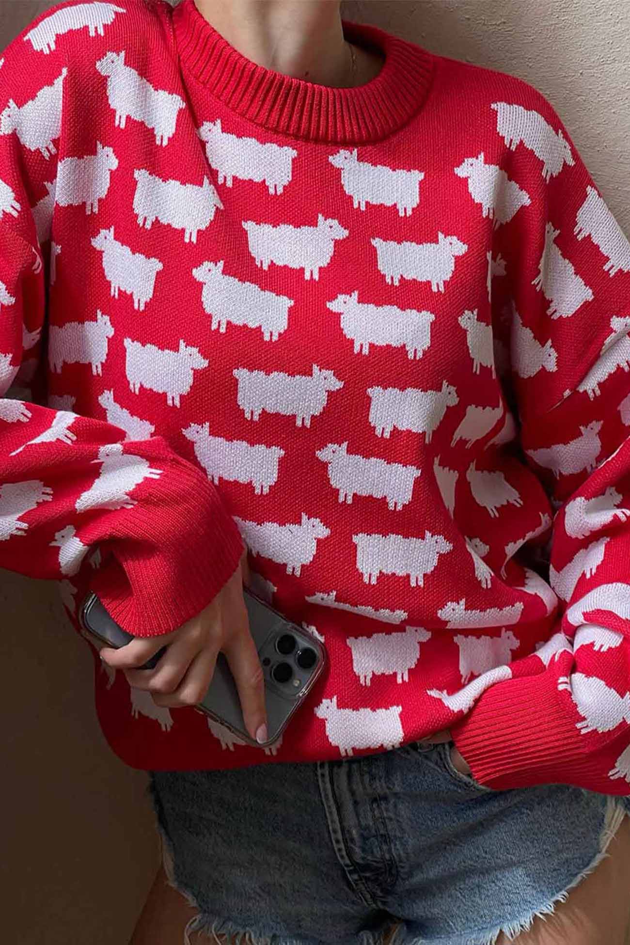 Sheep Crew Neck Long Sleeve Sweater