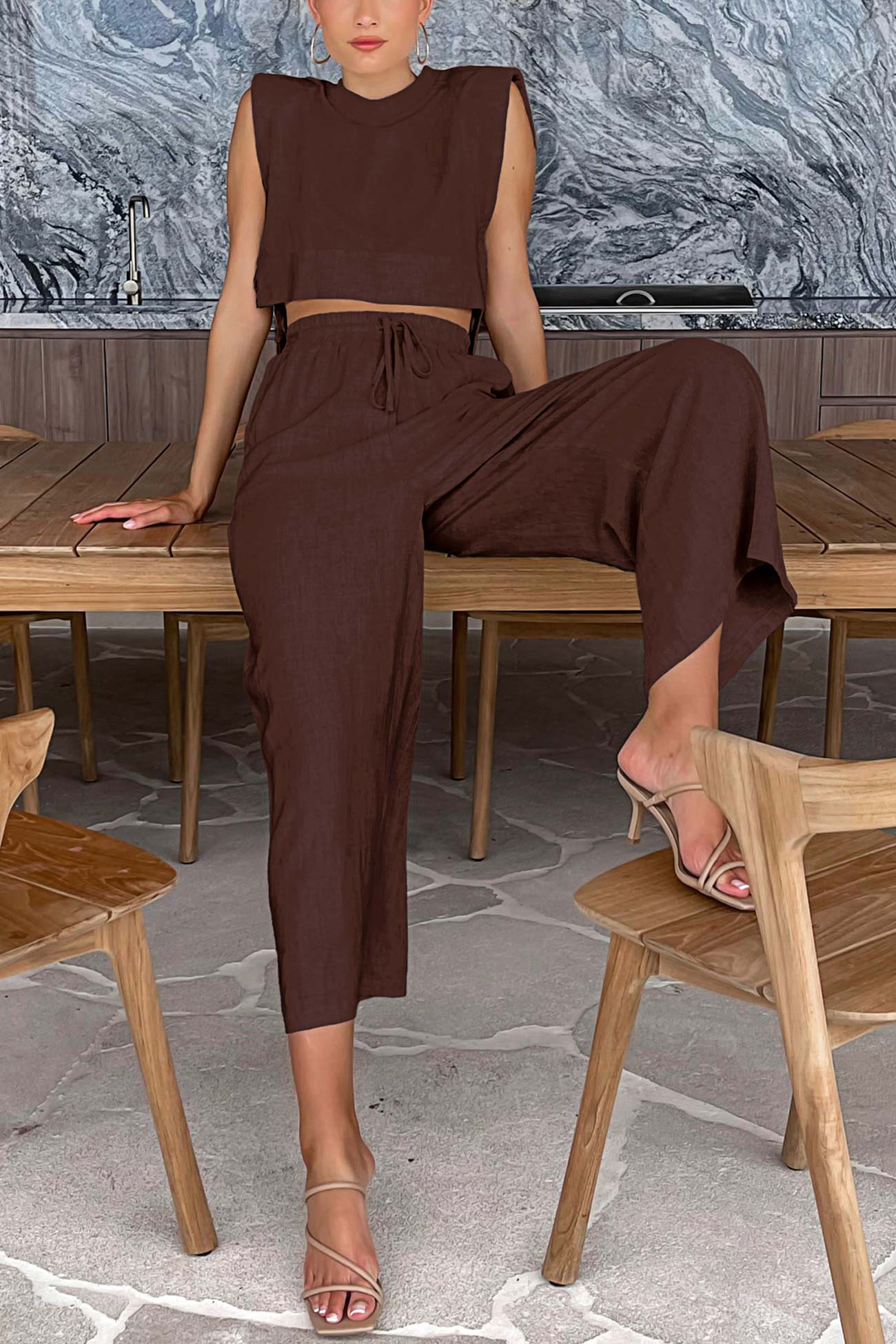 Side Strappy Cotton Linen Vest Trousers Set