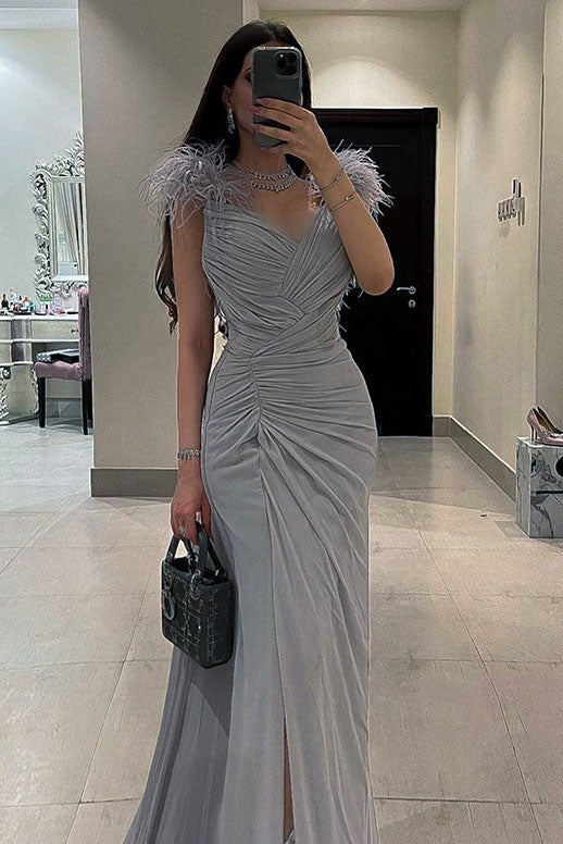 Silver Hgih Split Sleeveless Prom Gown Evening Dress 