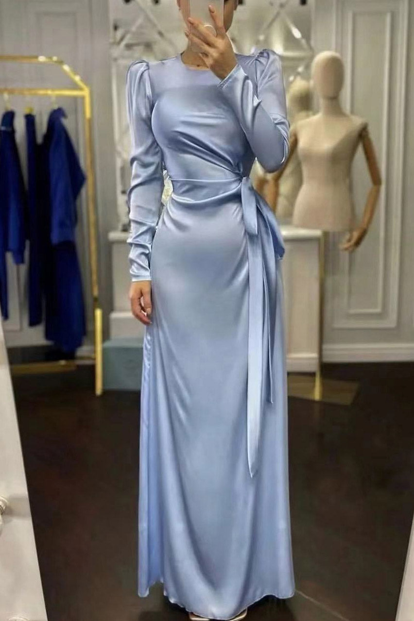 Sky Blue Long Sleeve Side Slit Evening Dress