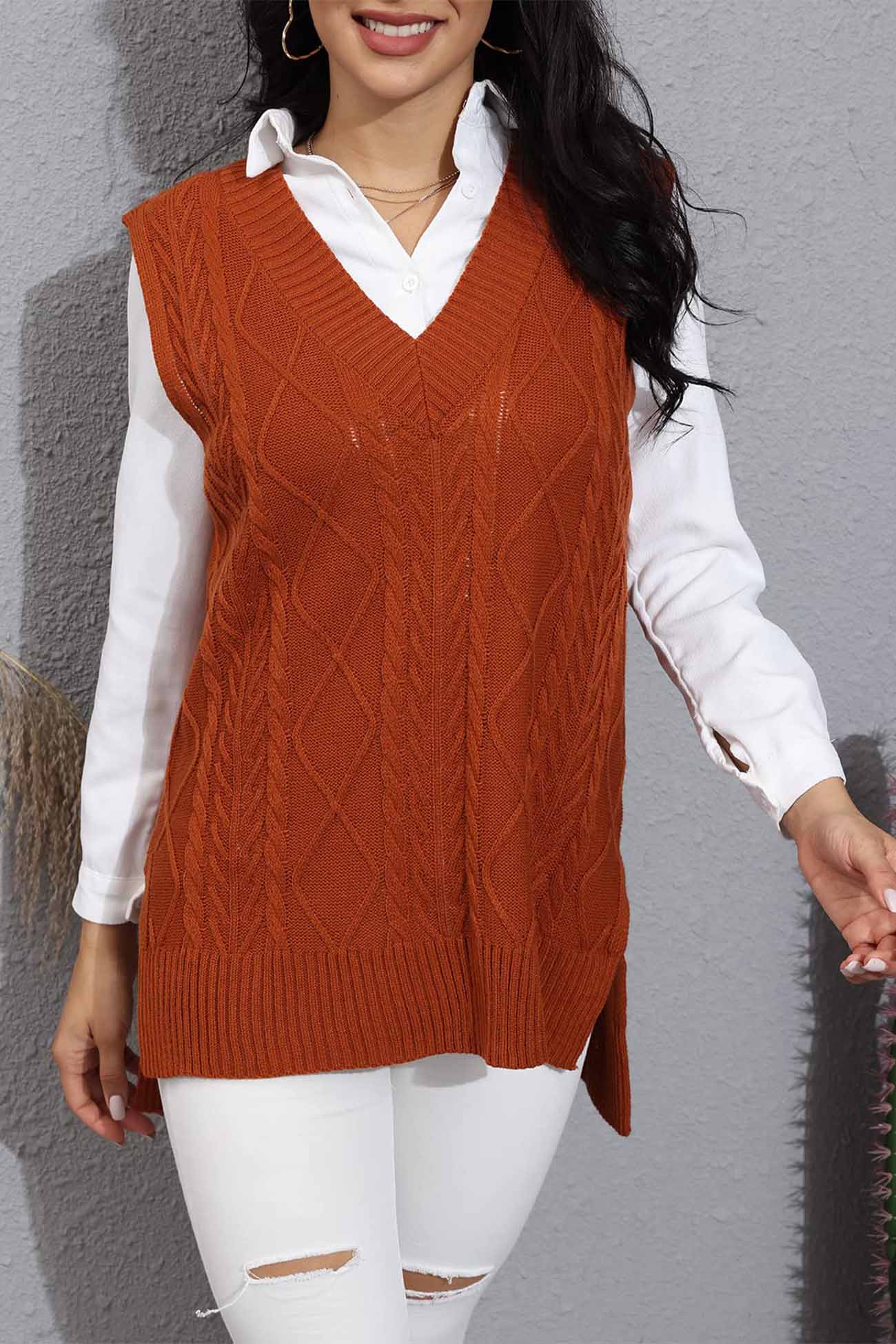 V Neck Sleeveless Plaid Cable Knit Tank Top Sweaters