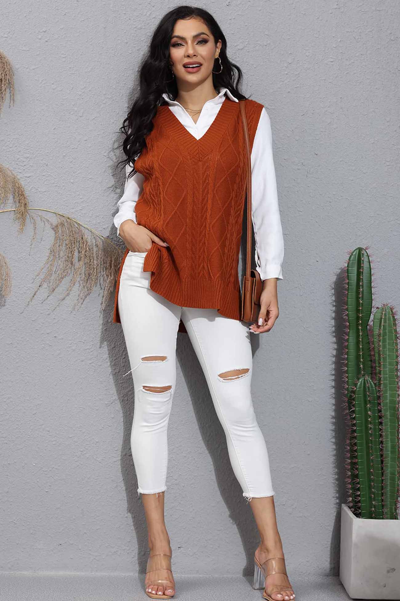 V Neck Sleeveless Plaid Cable Knit Tank Top Sweaters