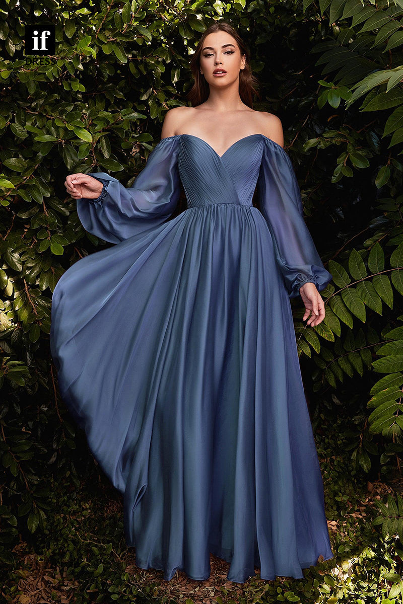 31918 - Unique Strapless V-Neck Long Sleeves Ruched Evening Formal Bridesmaid Dress