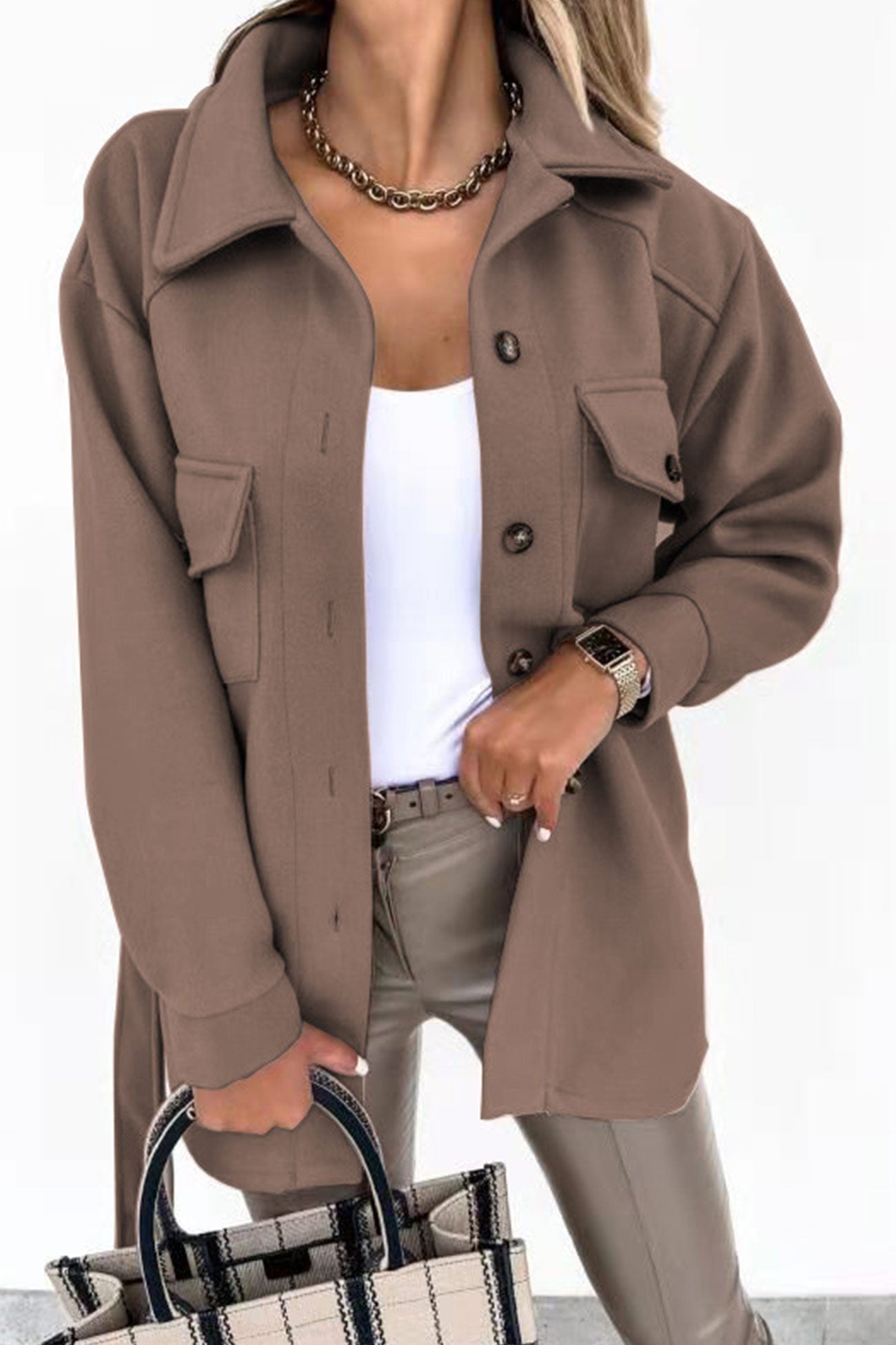 Solid Button-down Belted Slit Shacket