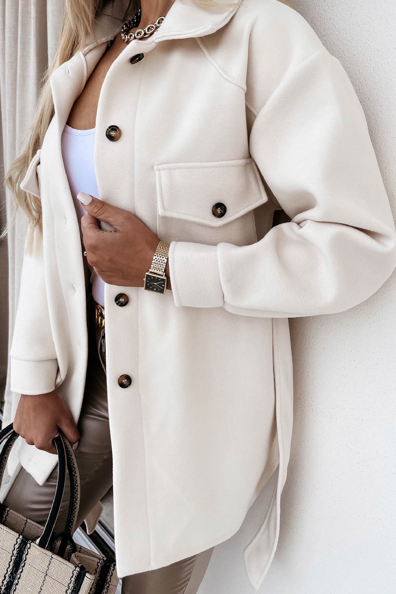 Solid Button-down Belted Slit Shacket