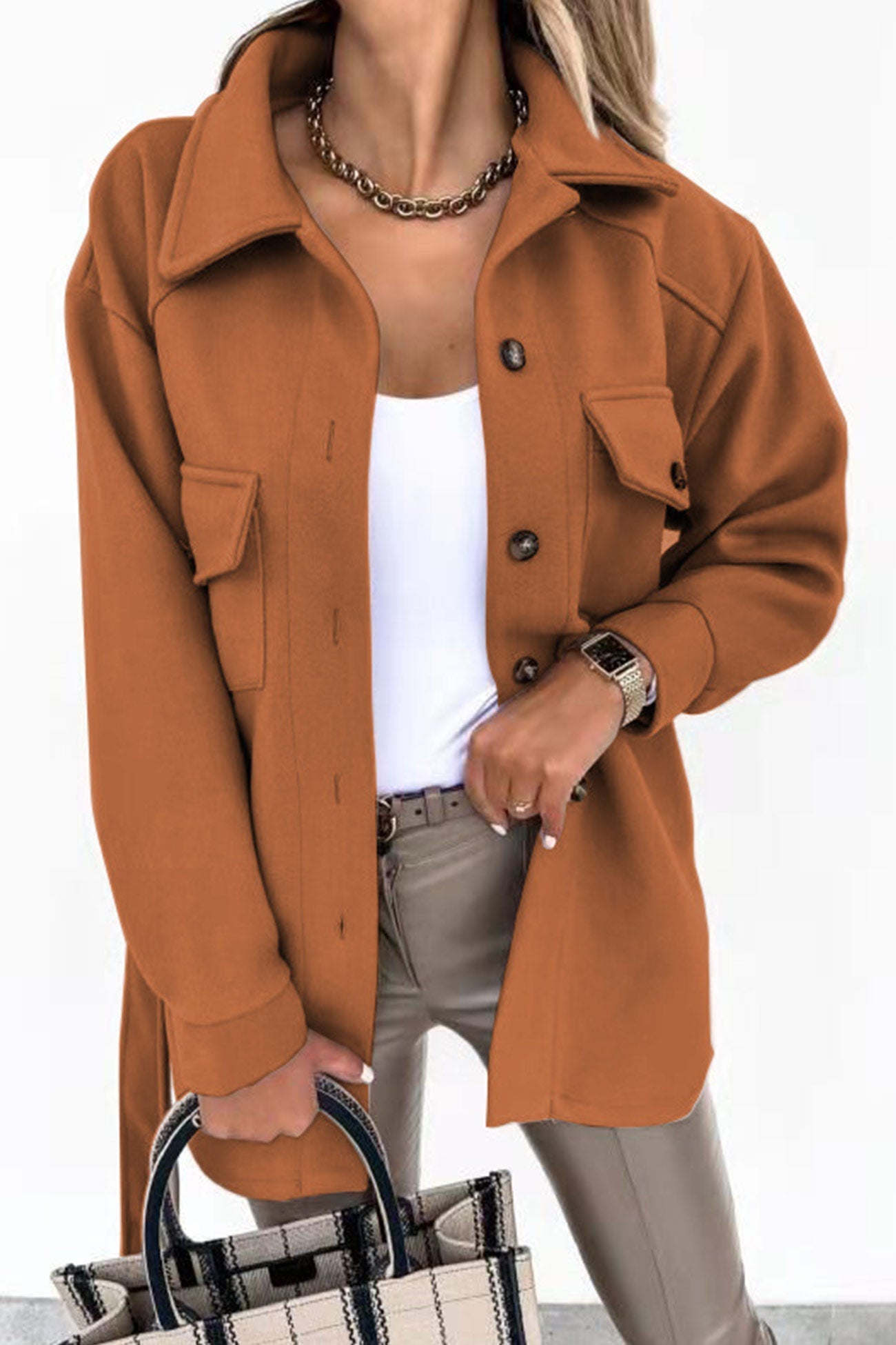 Solid Button-down Belted Slit Shacket