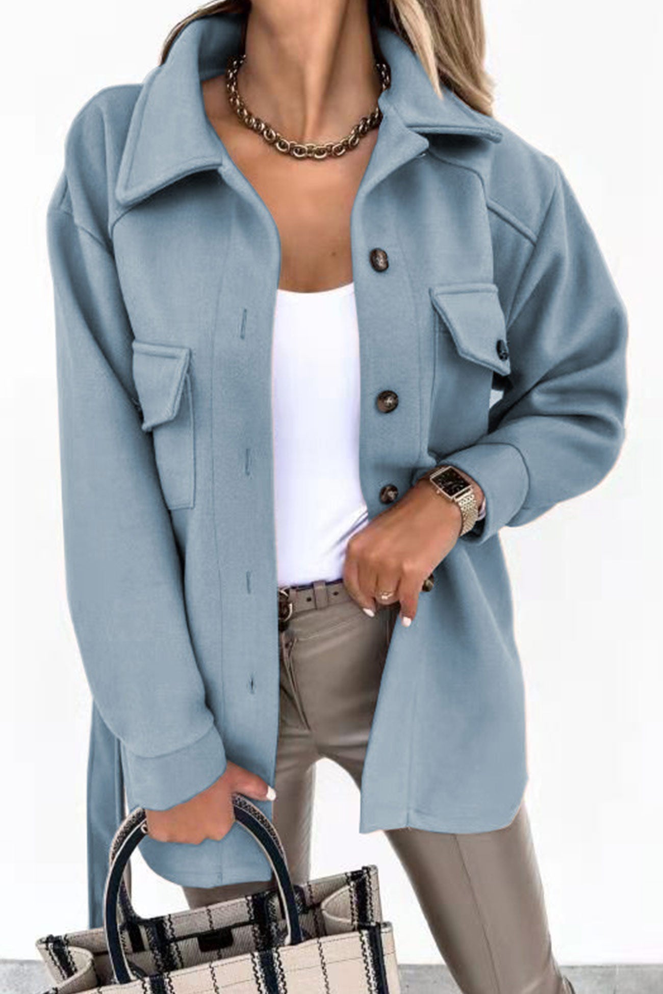 Solid Button-down Belted Slit Shacket