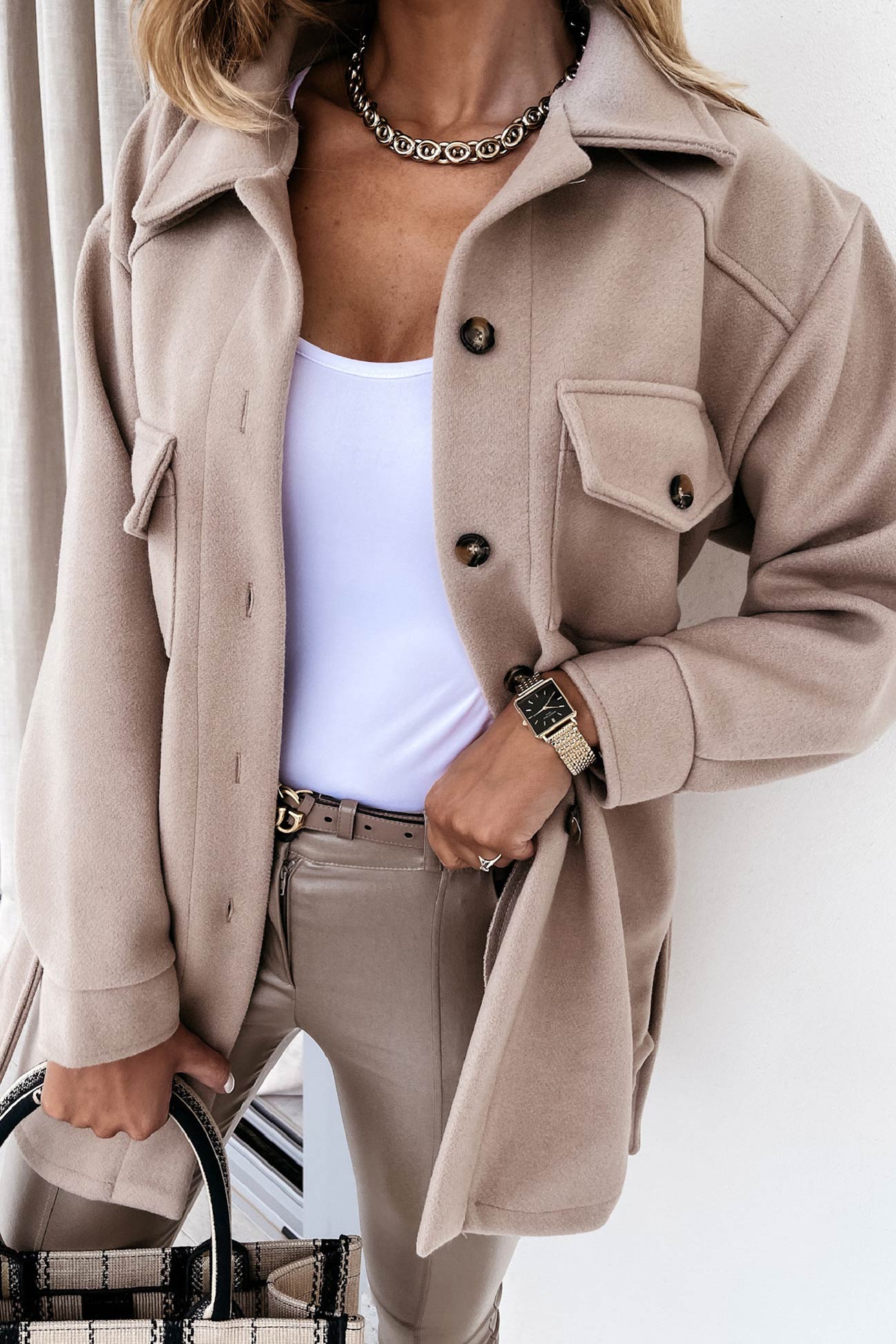 Solid Button-down Belted Slit Shacket