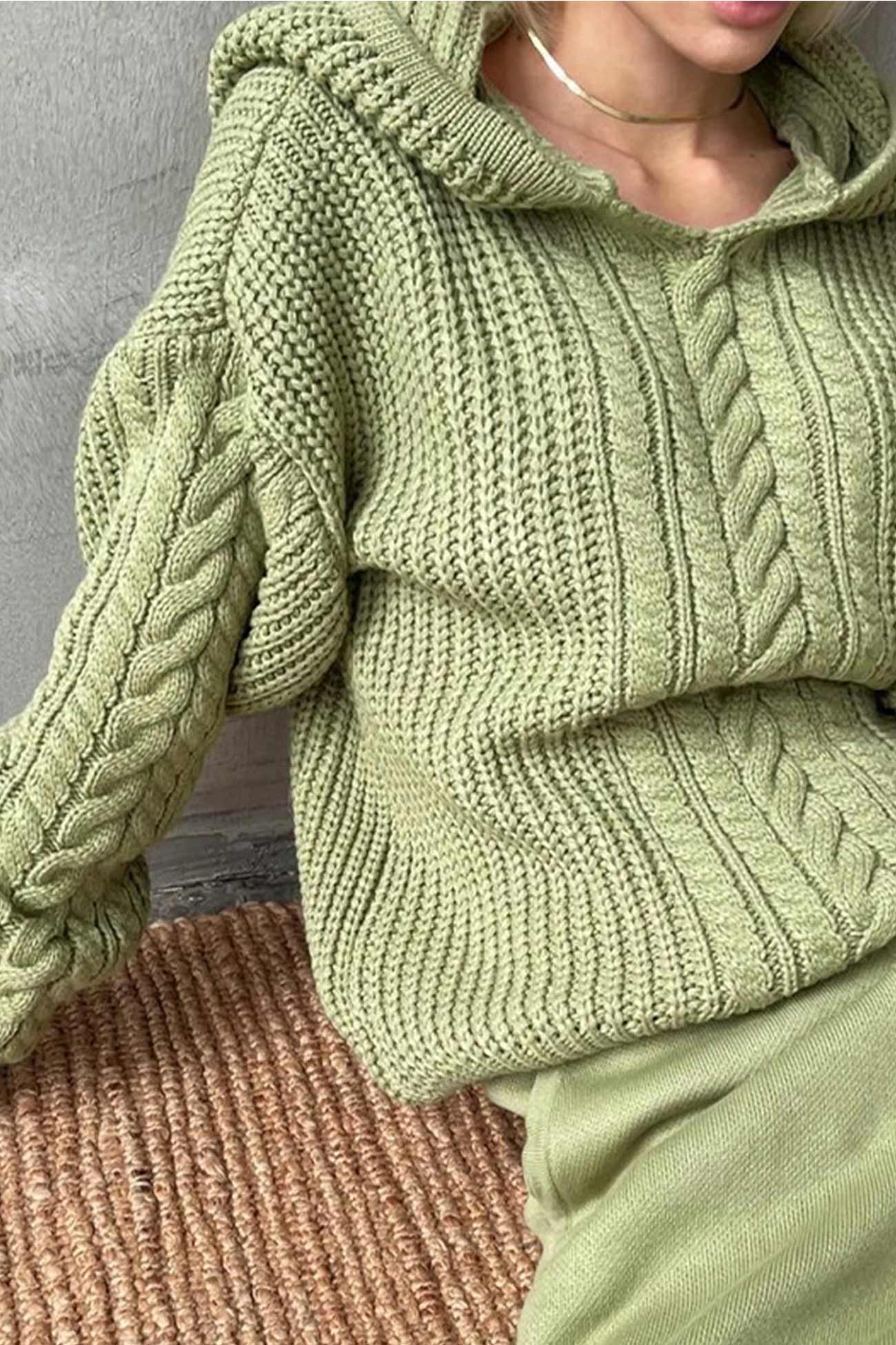 Solid Cable Knit Hoodie Sweater