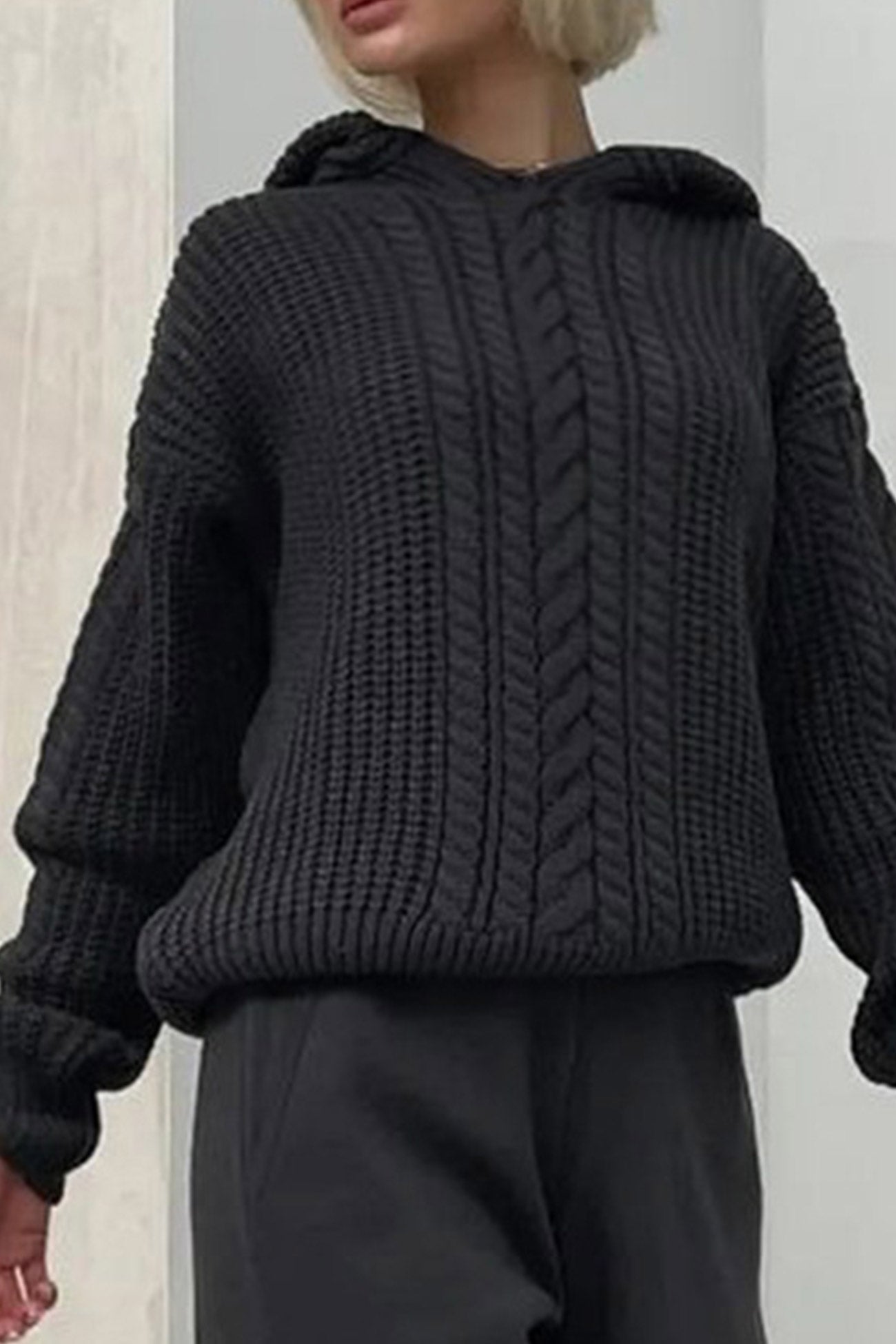 Solid Cable Knit Hoodie Sweater