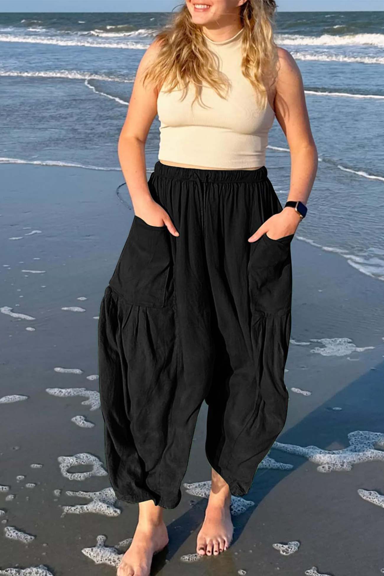 Solid Color Drawstring Pocket Wide Leg Pants