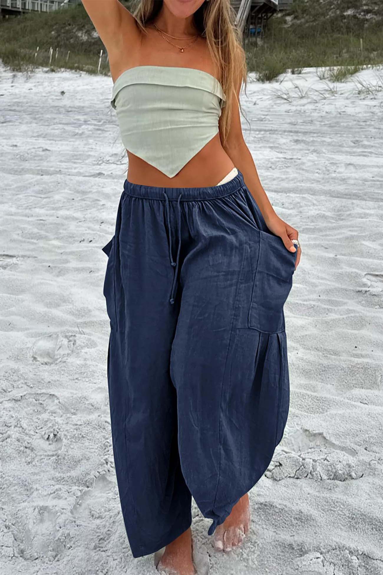 Solid Color Drawstring Pocket Wide Leg Pants