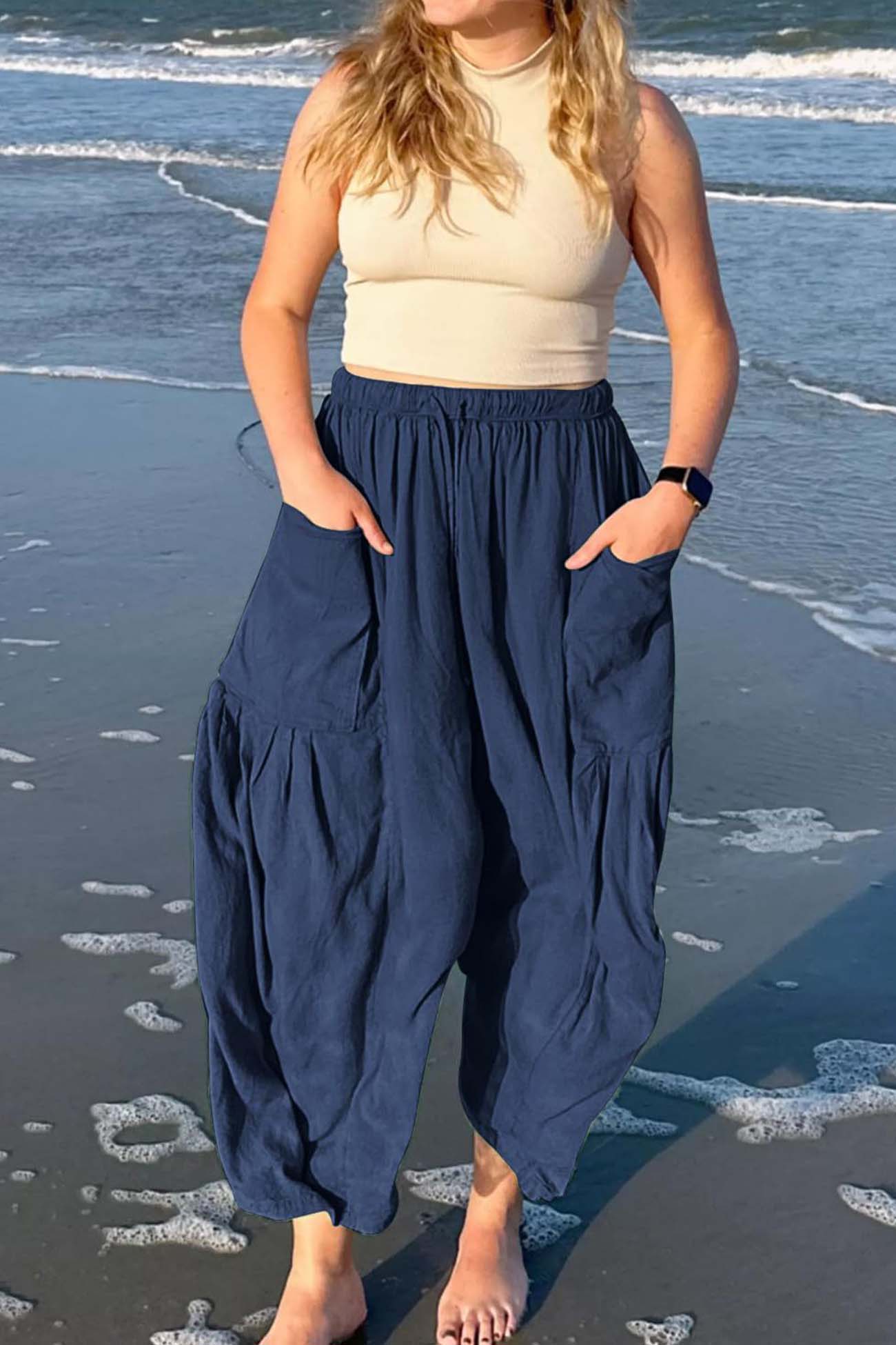 Solid Color Drawstring Pocket Wide Leg Pants