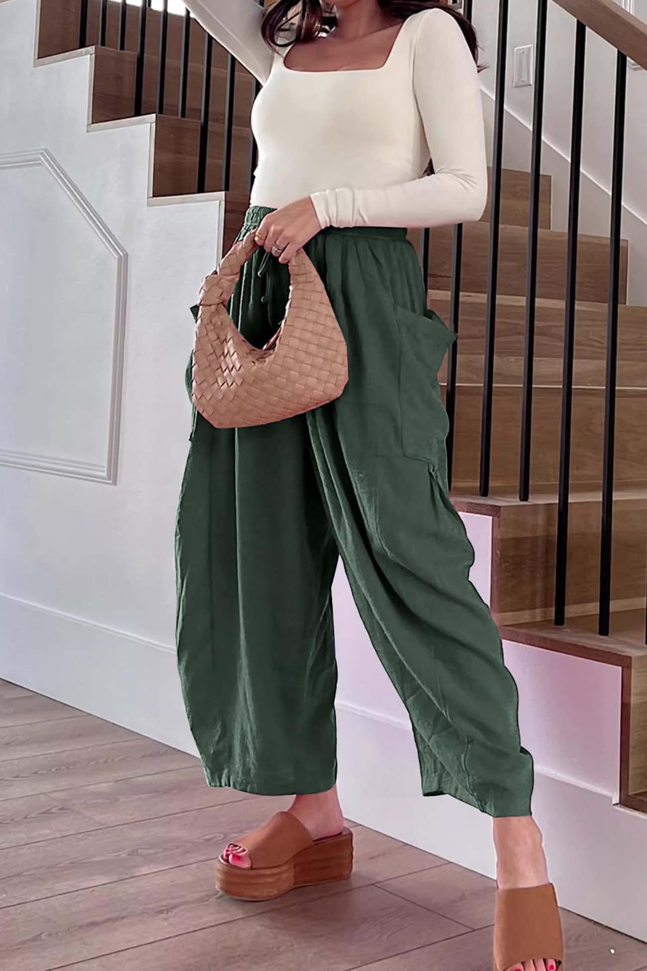 Solid Color Drawstring Pocket Wide Leg Pants