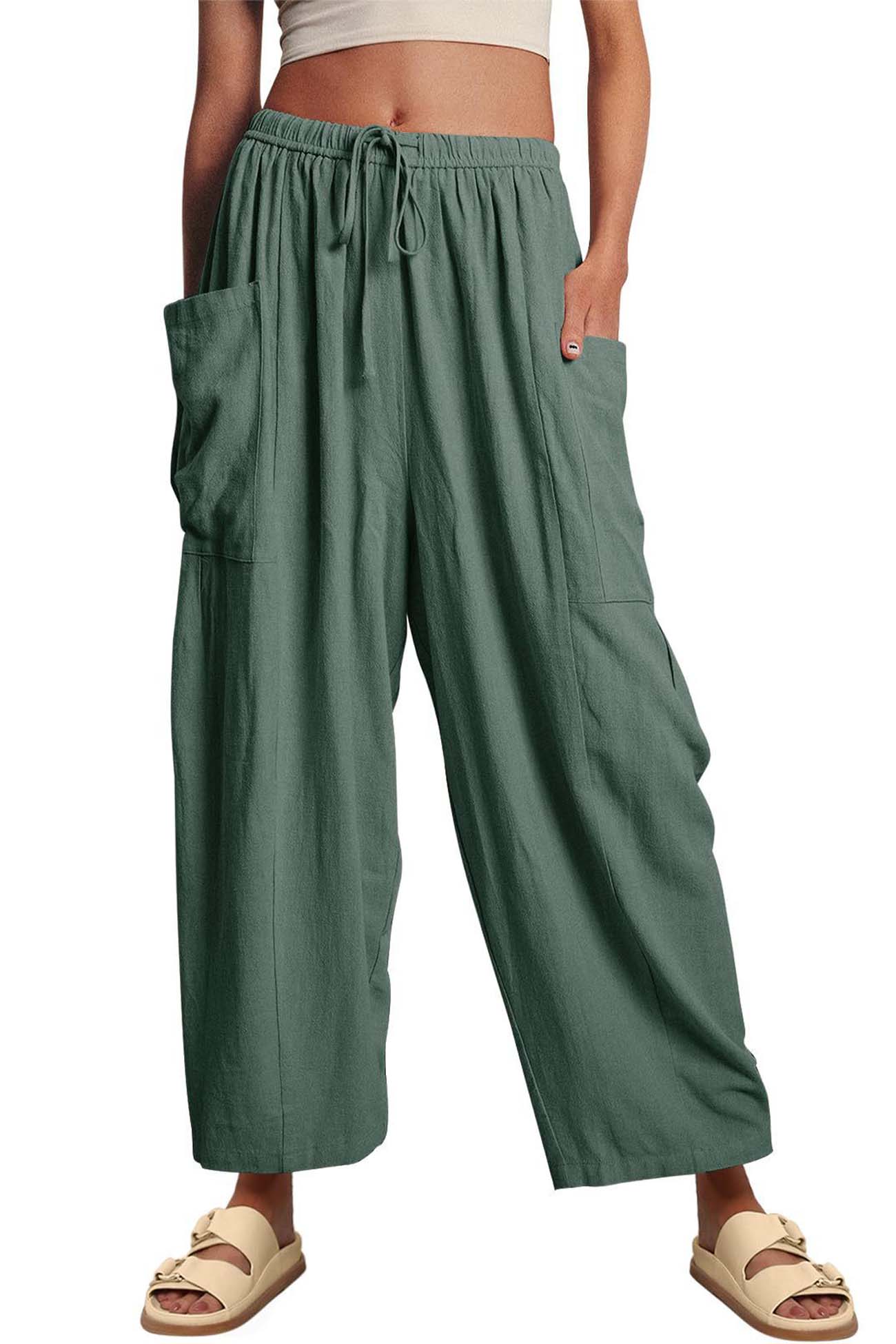 Solid Color Drawstring Pocket Wide Leg Pants