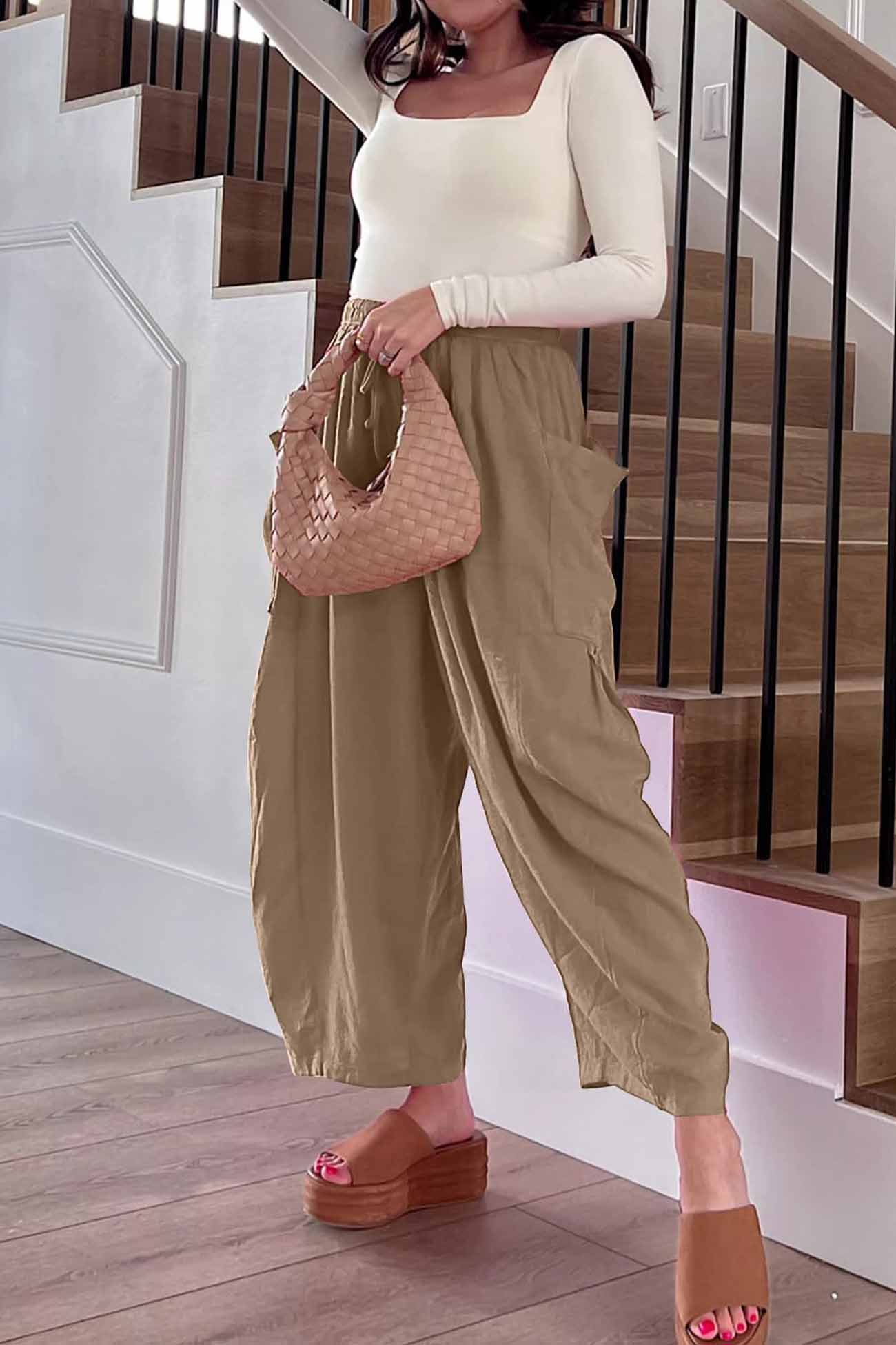 Solid Color Drawstring Pocket Wide Leg Pants