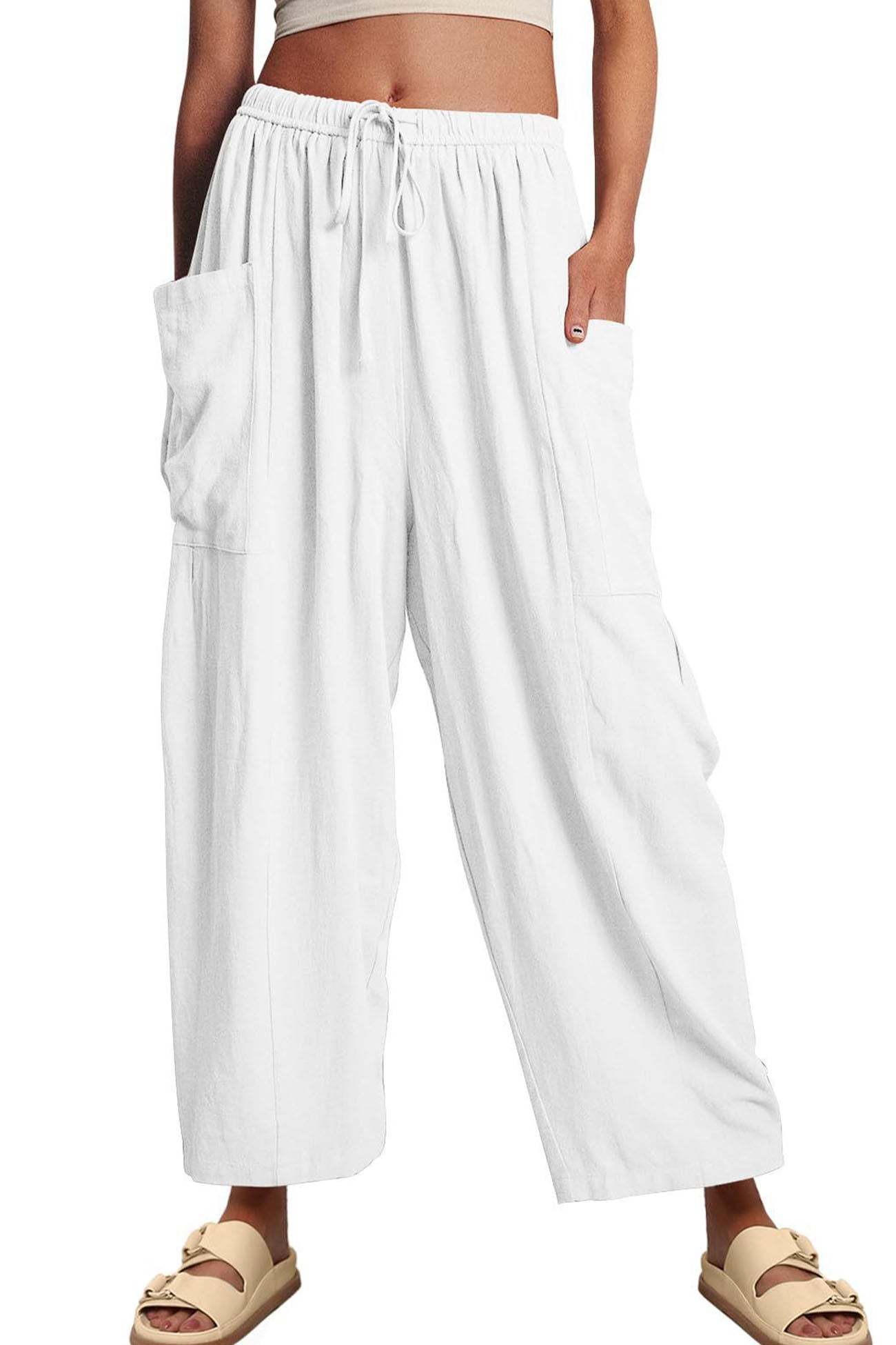 Solid Color Drawstring Pocket Wide Leg Pants