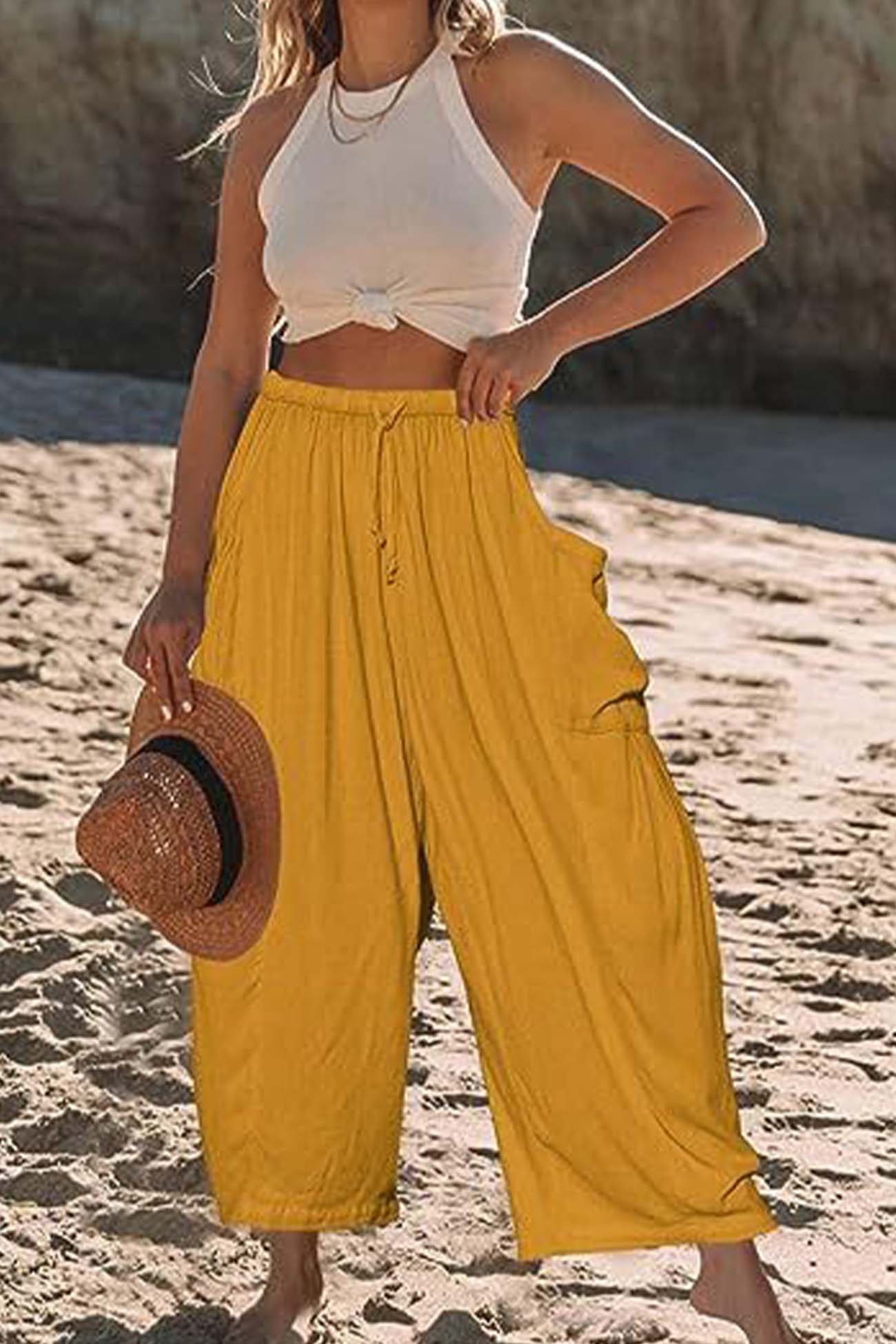 Solid Color Drawstring Pocket Wide Leg Pants