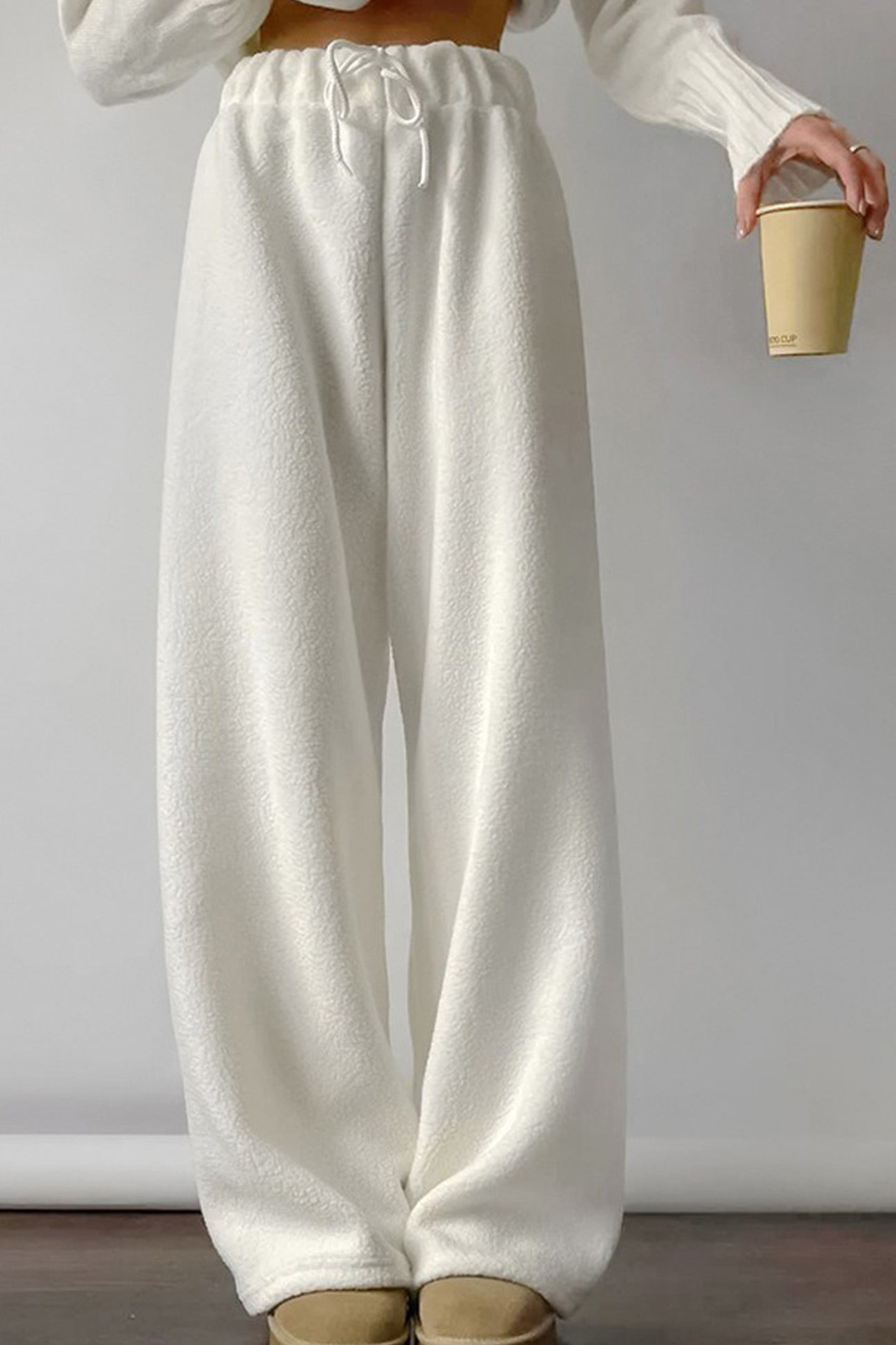 Solid Color Elastic Waist Polar Fleece Pants