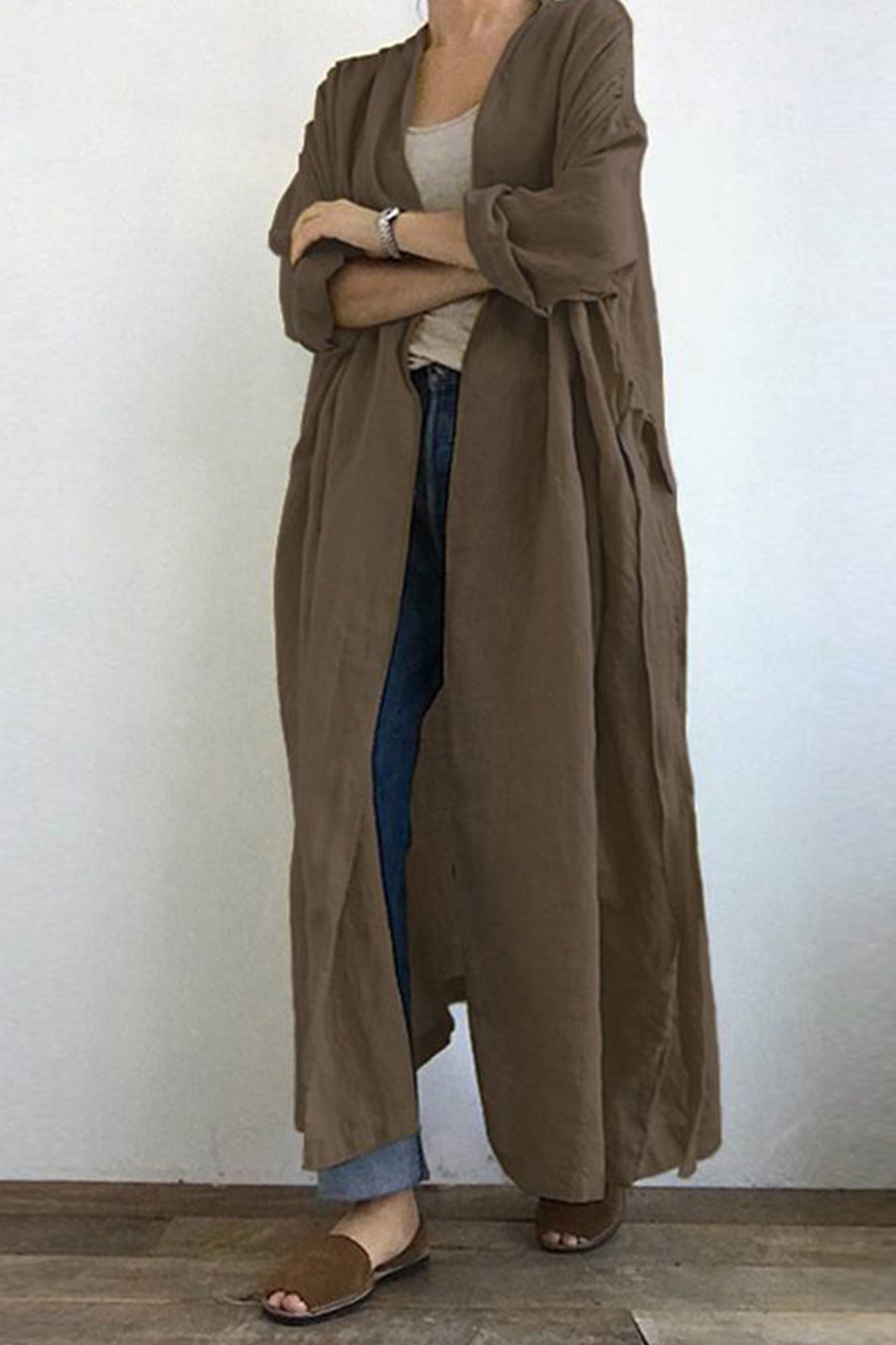 Solid Color Pocketed Long Trench Coat