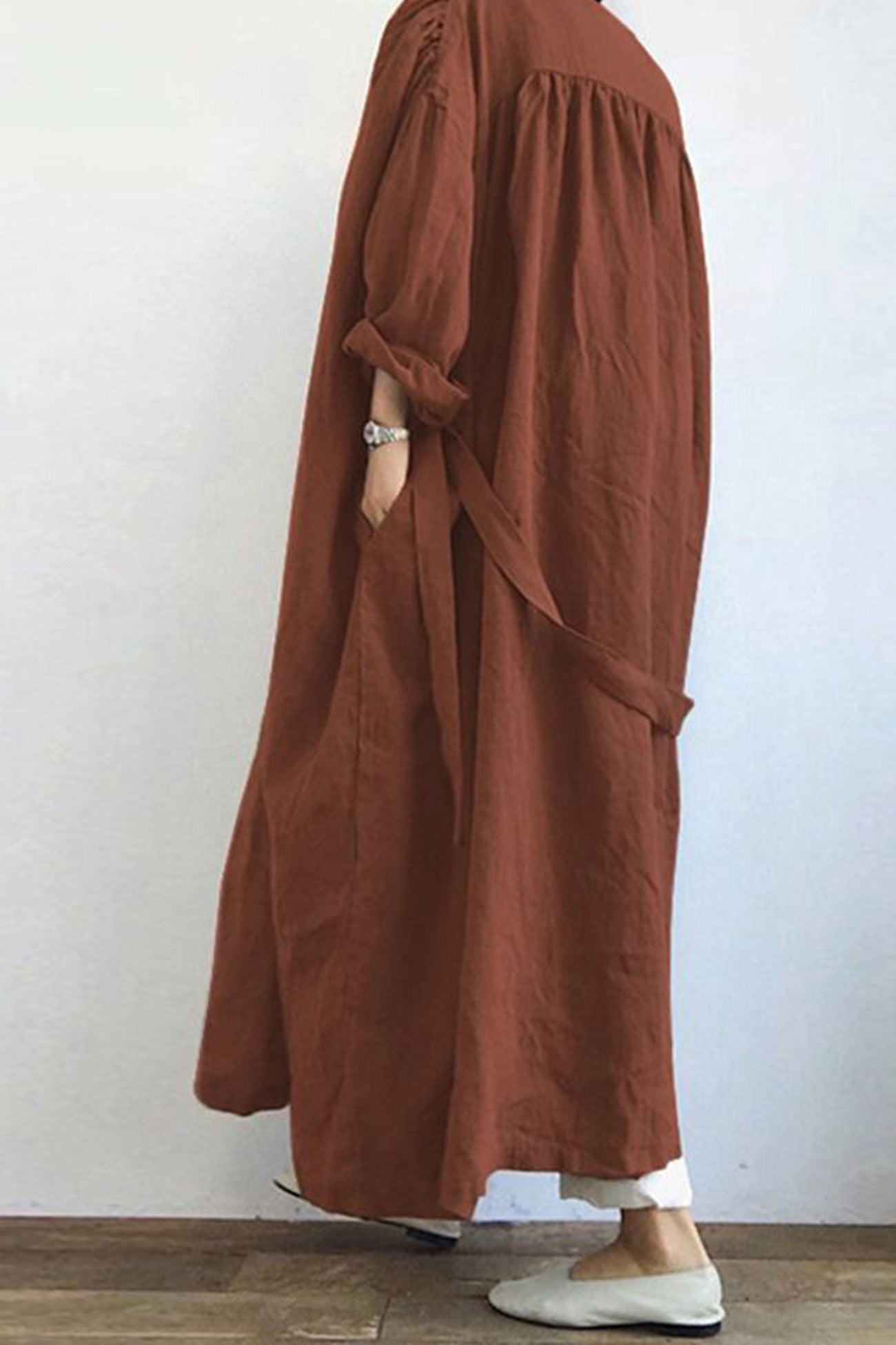 Solid Color Pocketed Long Trench Coat