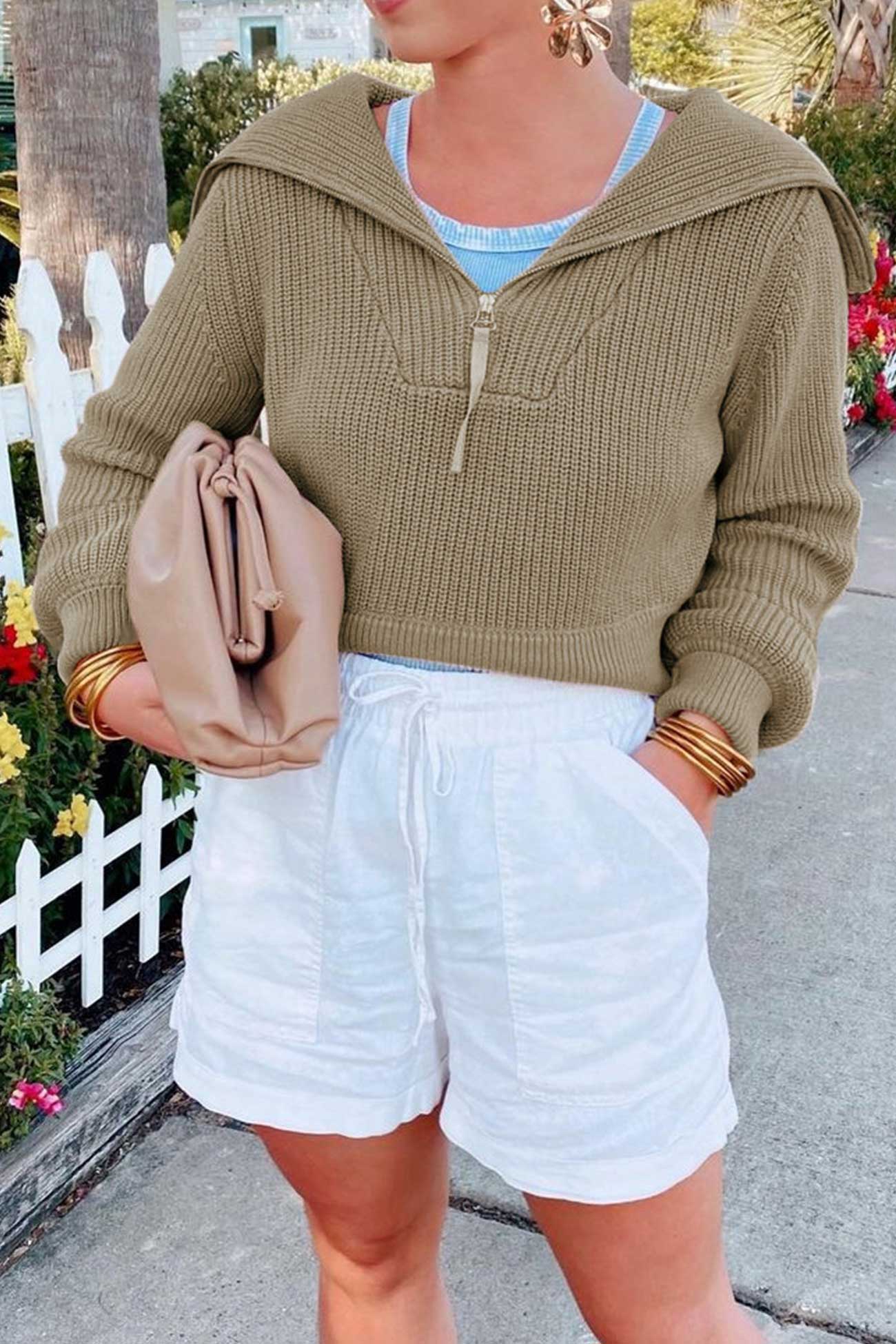 Solid Lapel Zipper Sweater