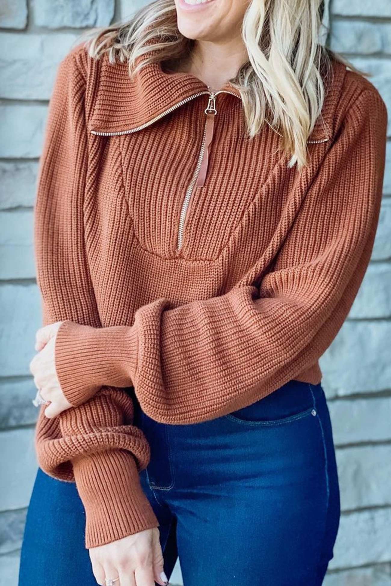 Solid Lapel Zipper Sweater