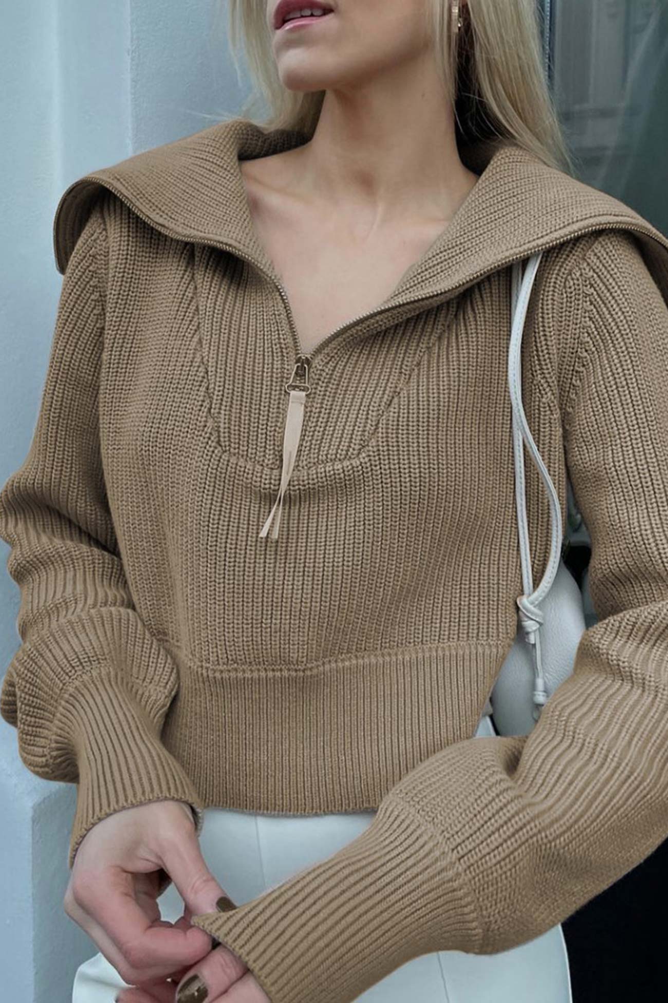 Solid Lapel Zipper Sweater