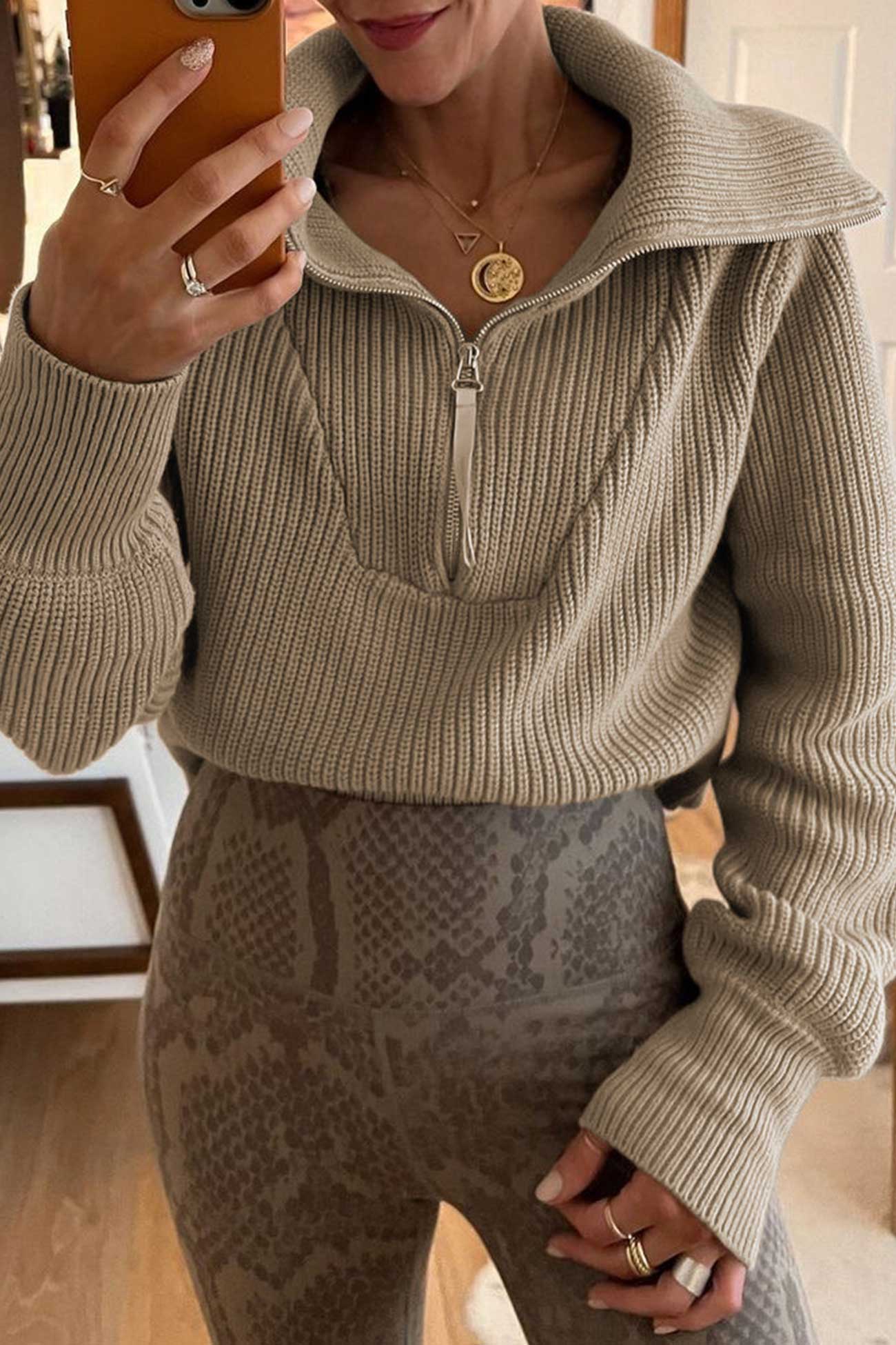 Solid Lapel Zipper Sweater