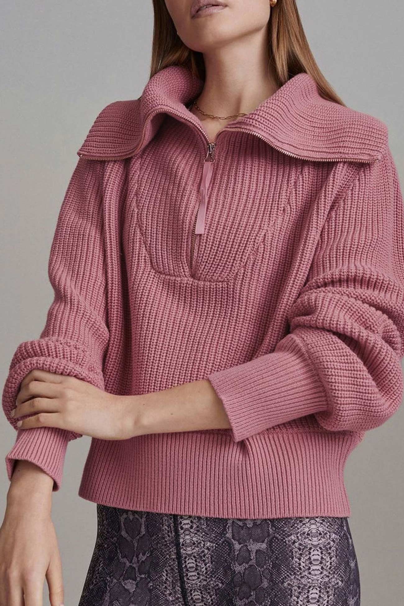 Solid Lapel Zipper Sweater