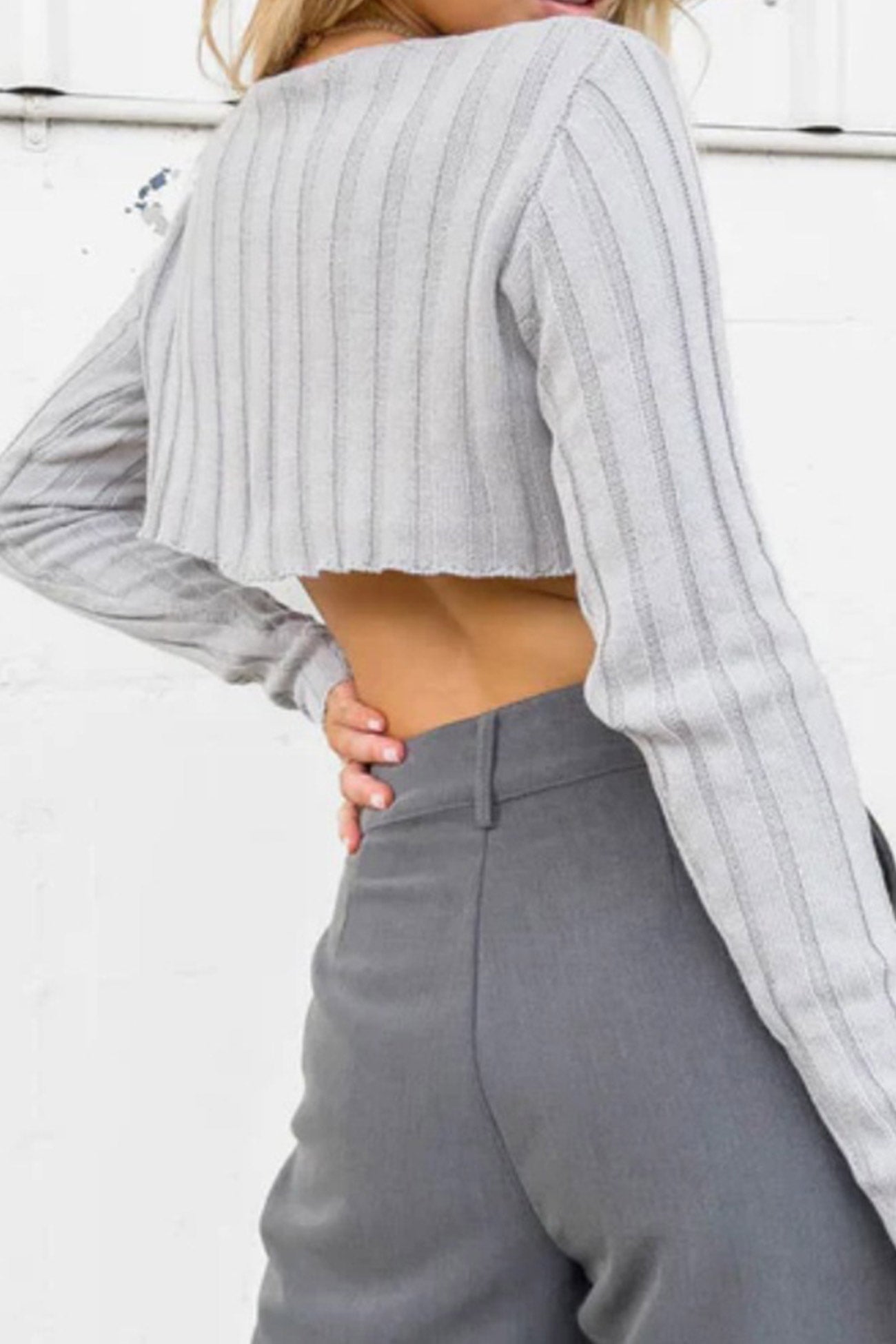 Solid Ribbed Crew Neck Cropped Sweater