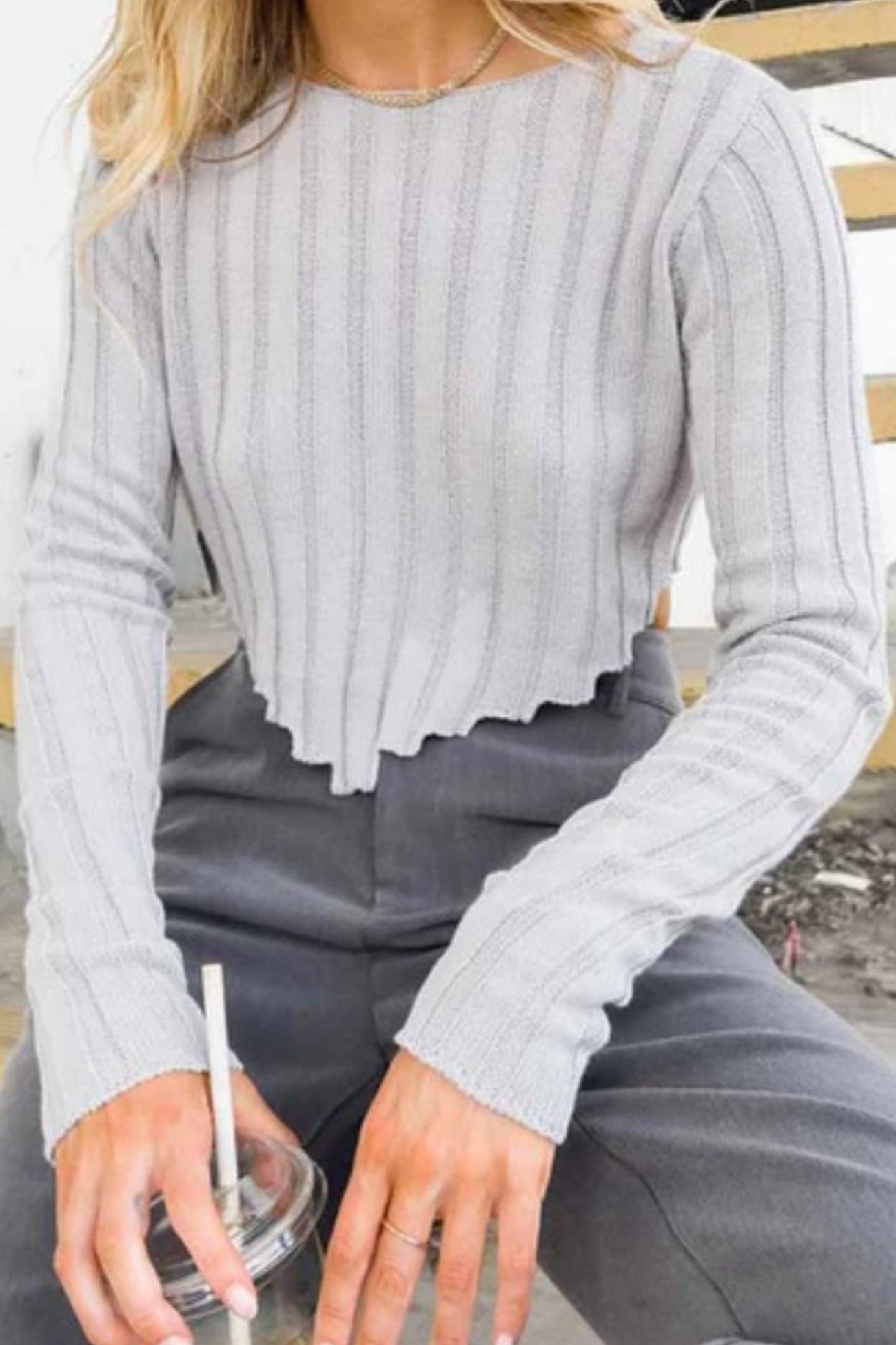 Solid Ribbed Crew Neck Cropped Sweater