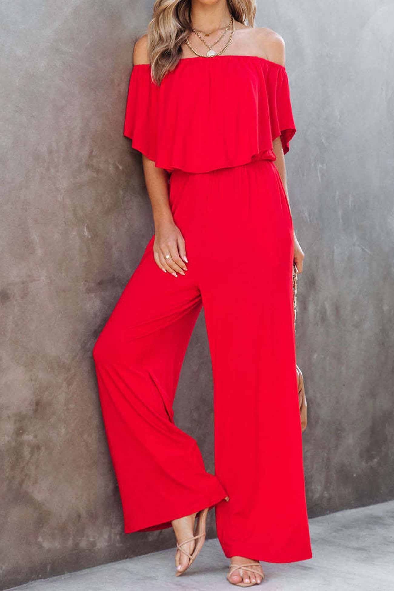 Solid Color Off Shoulder Wide Leg Jumpsuits