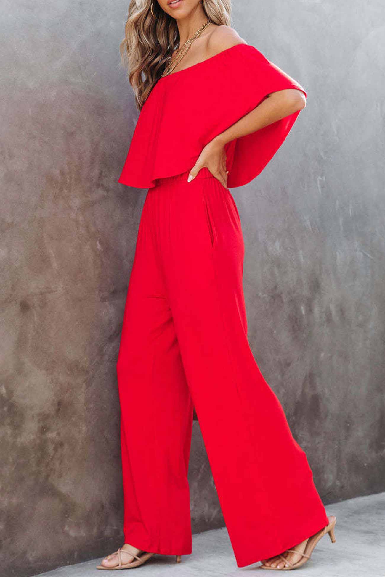 Solid Color Off Shoulder Wide Leg Jumpsuits