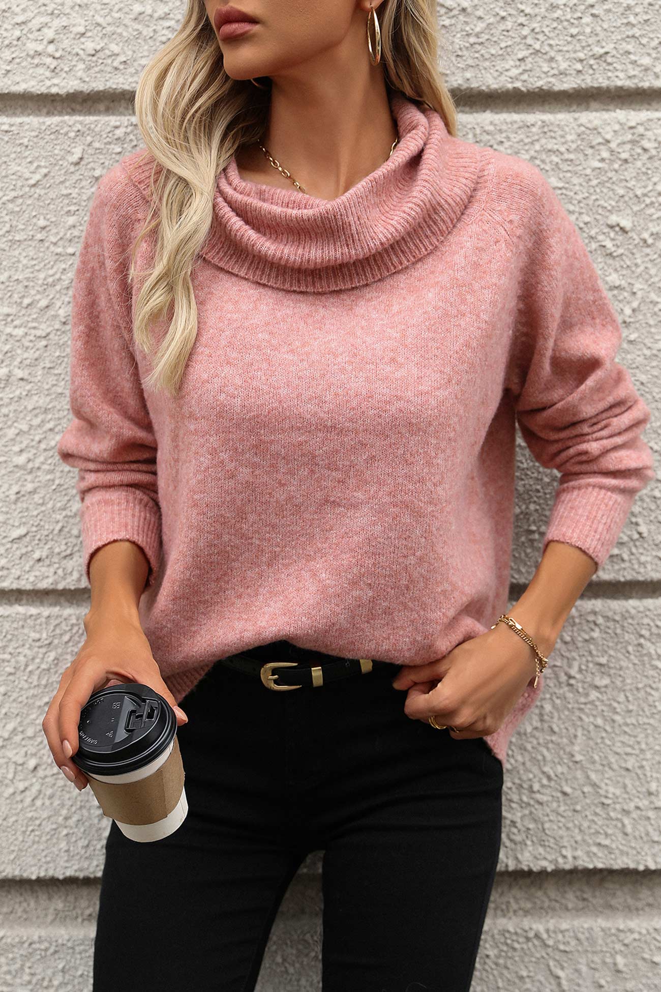 Stacked Collar Solid Pullover Sweater