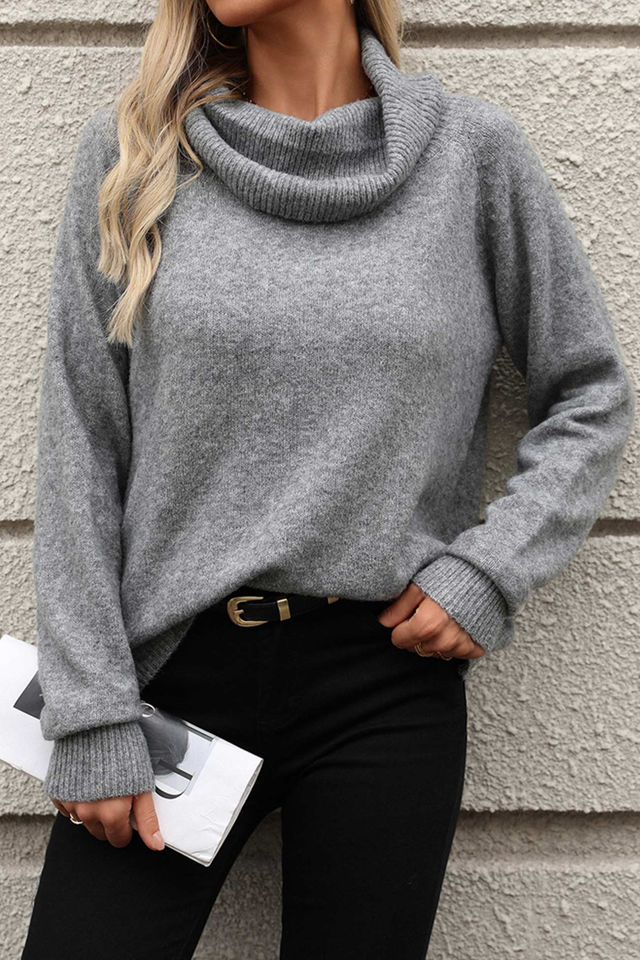 Stacked Collar Solid Pullover Sweater