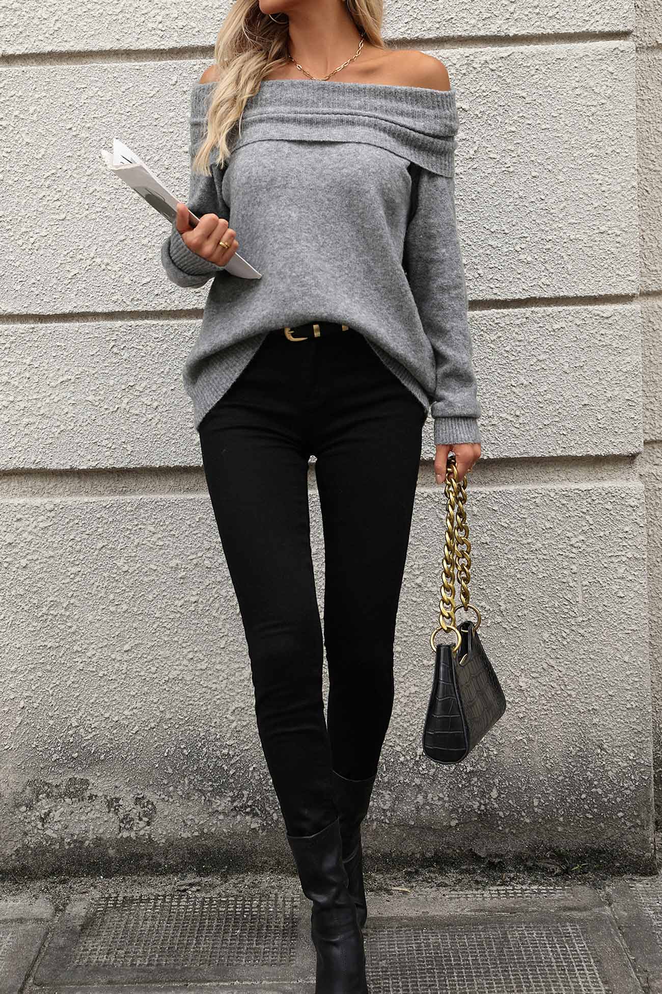 Stacked Collar Solid Pullover Sweater