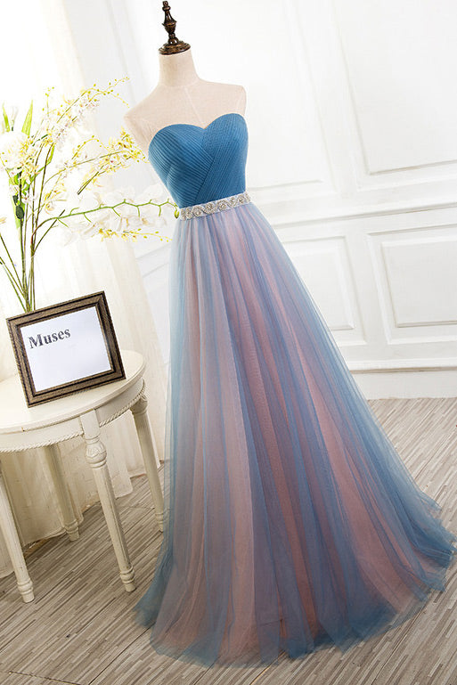 Blue Strapless A-Line Tulle Prom Gown Evening Dresses