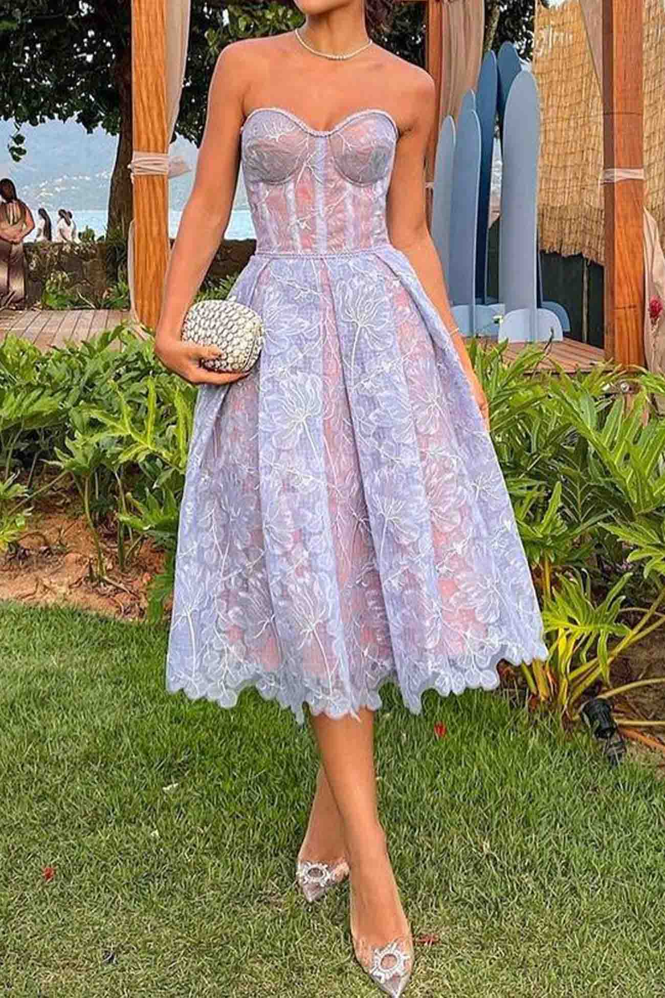 Strapless Embroidered Lace Midi Dress