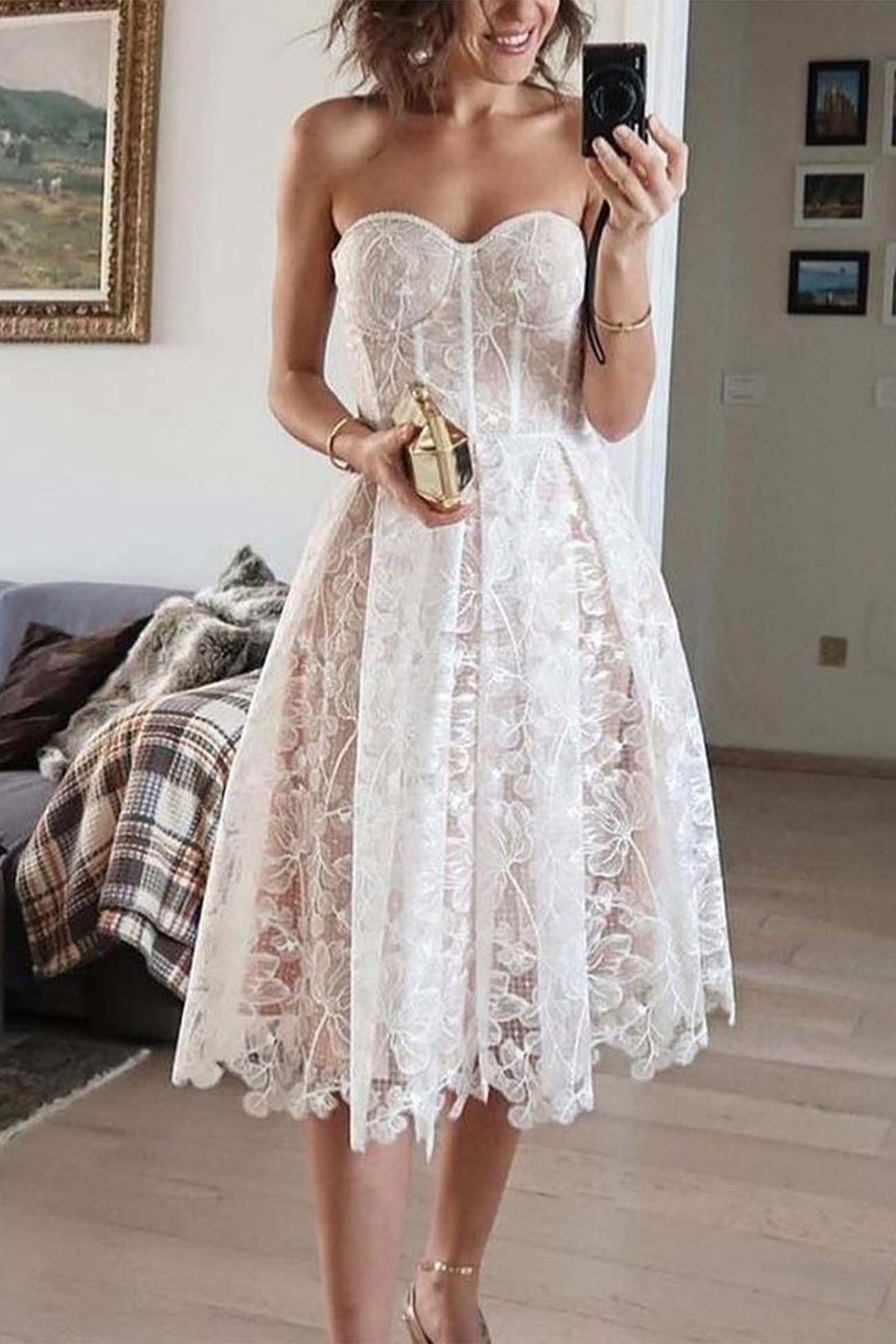 Strapless Embroidered Lace Midi Dress