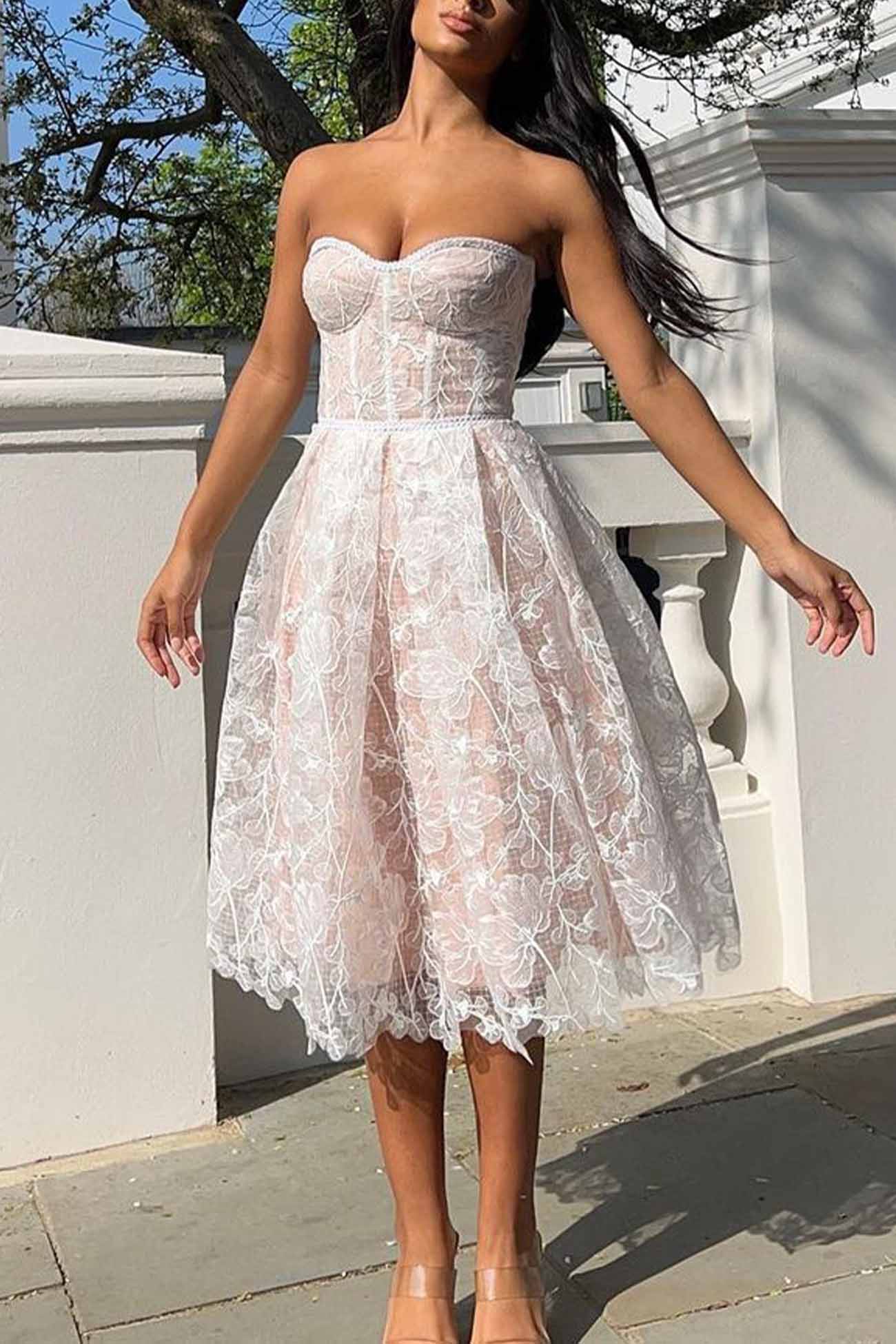 Strapless Embroidered Lace Midi Dress