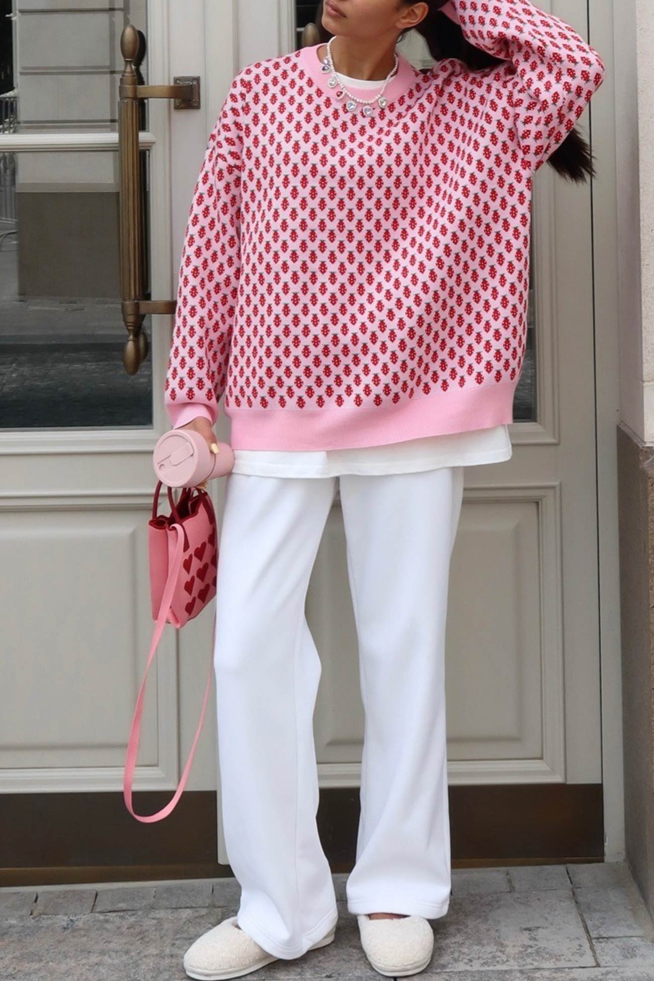 Strawberry Jacquard Cotton Pullover Sweater