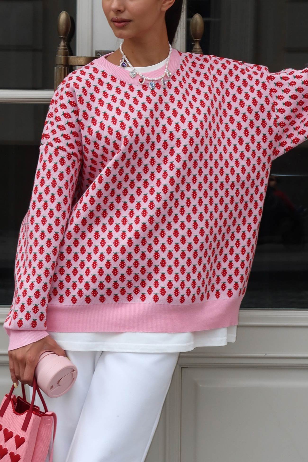 Strawberry Jacquard Cotton Pullover Sweater