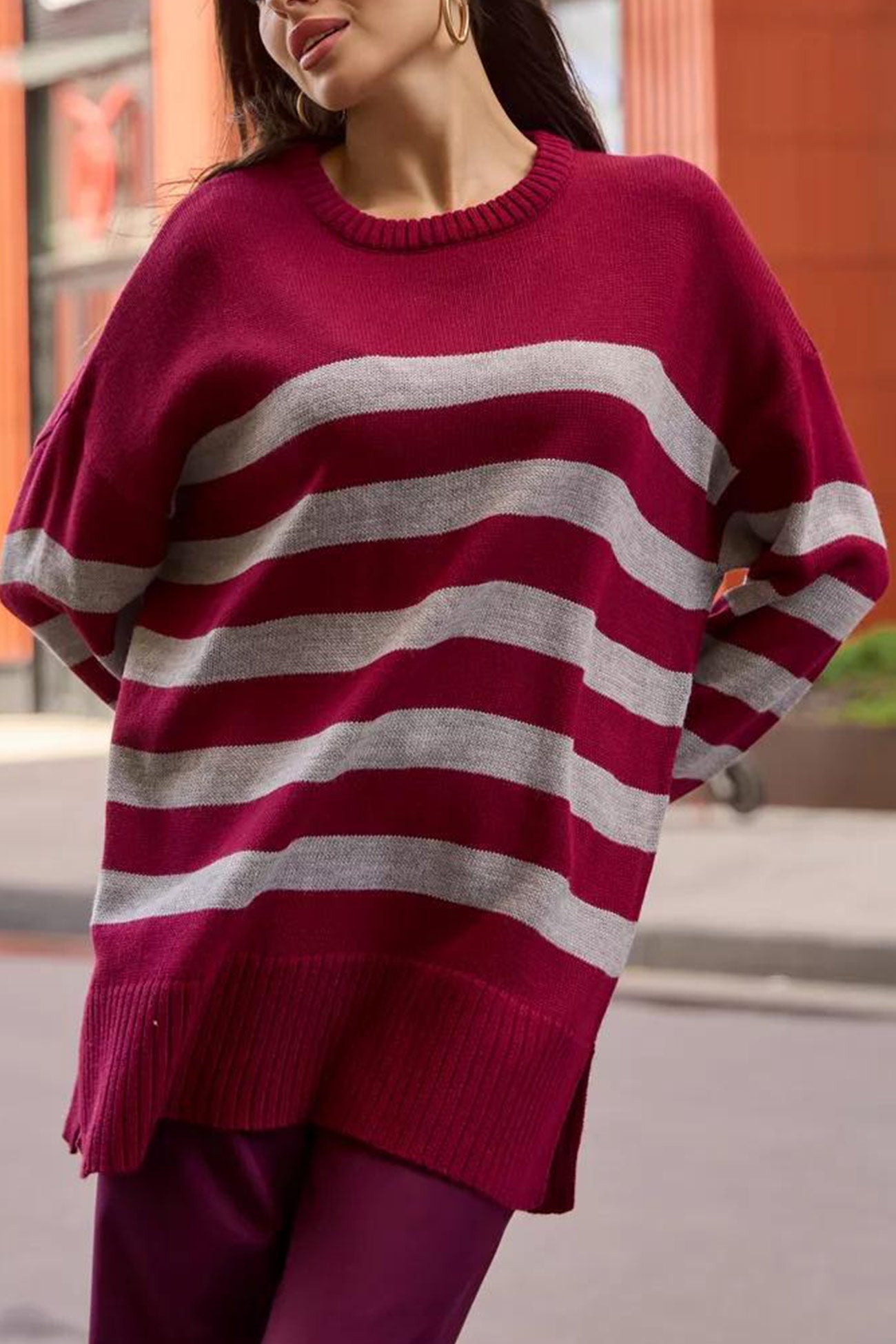 Striped Crewneck Slit Pullover